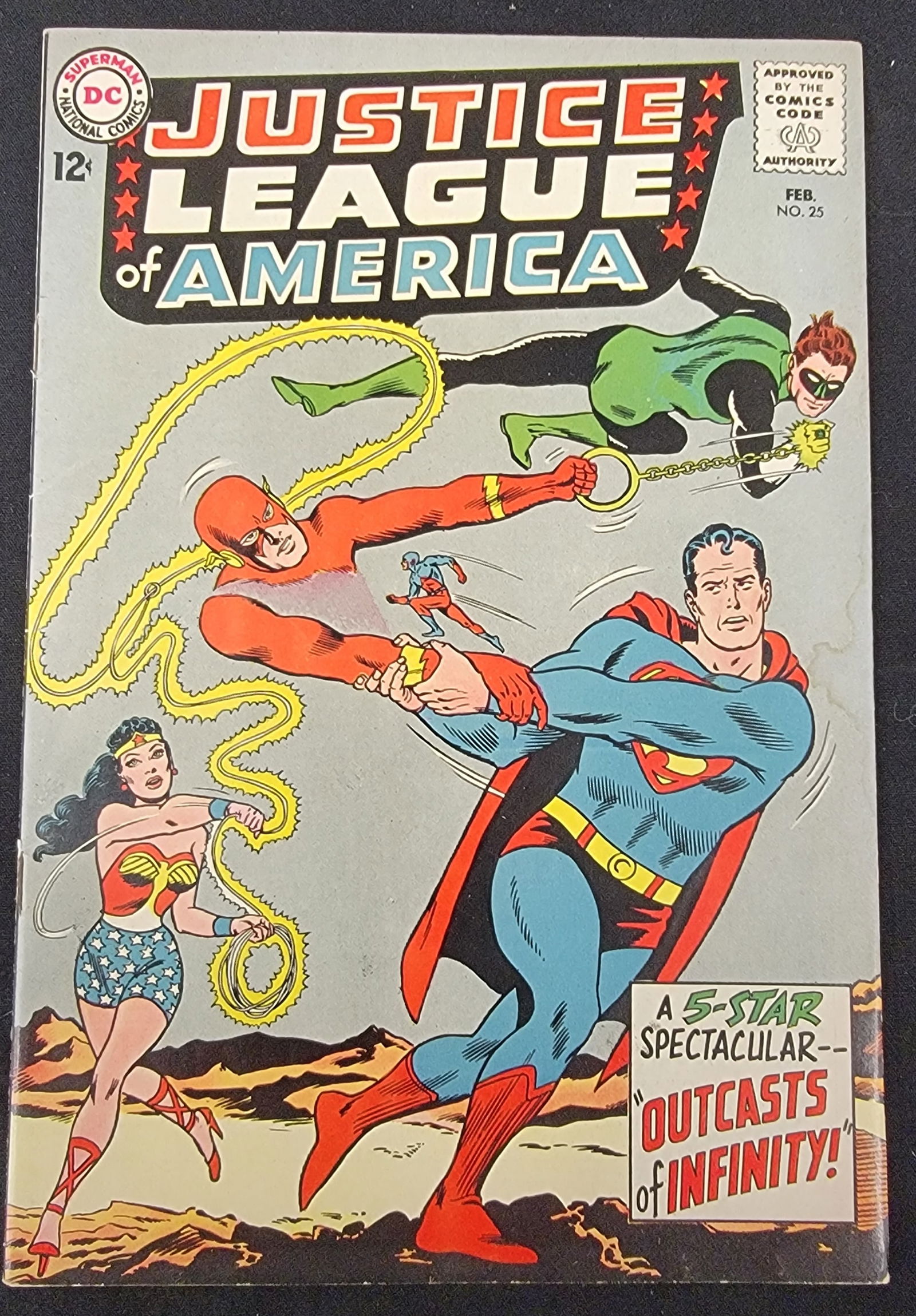 Justice League of America No. 25 DC Comics 1964: This Silver Age comic book is Justice League of America issue number 25, published by DC Comics with a cover date of February 1964. The front cover features the story titled Outcasts of Infinity! and