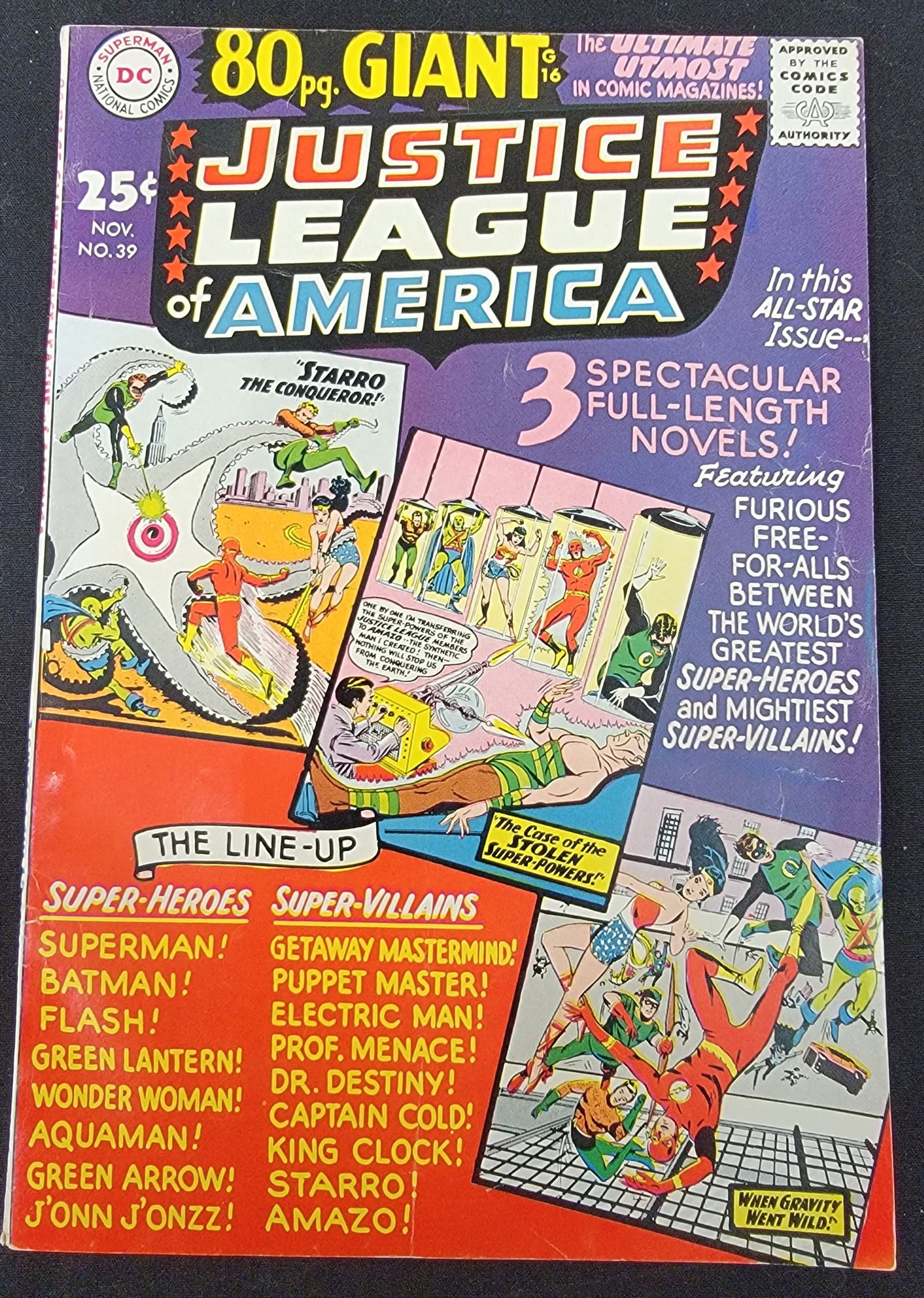 Justice League of America No. 39 1965 DC Comics 80 Page Giant: Justice League of America No. 39, published by DC Comics in November 1965. This issue is an 80-page giant, designated as G-16, with an original 25-cent cover price. The publication is promoted as