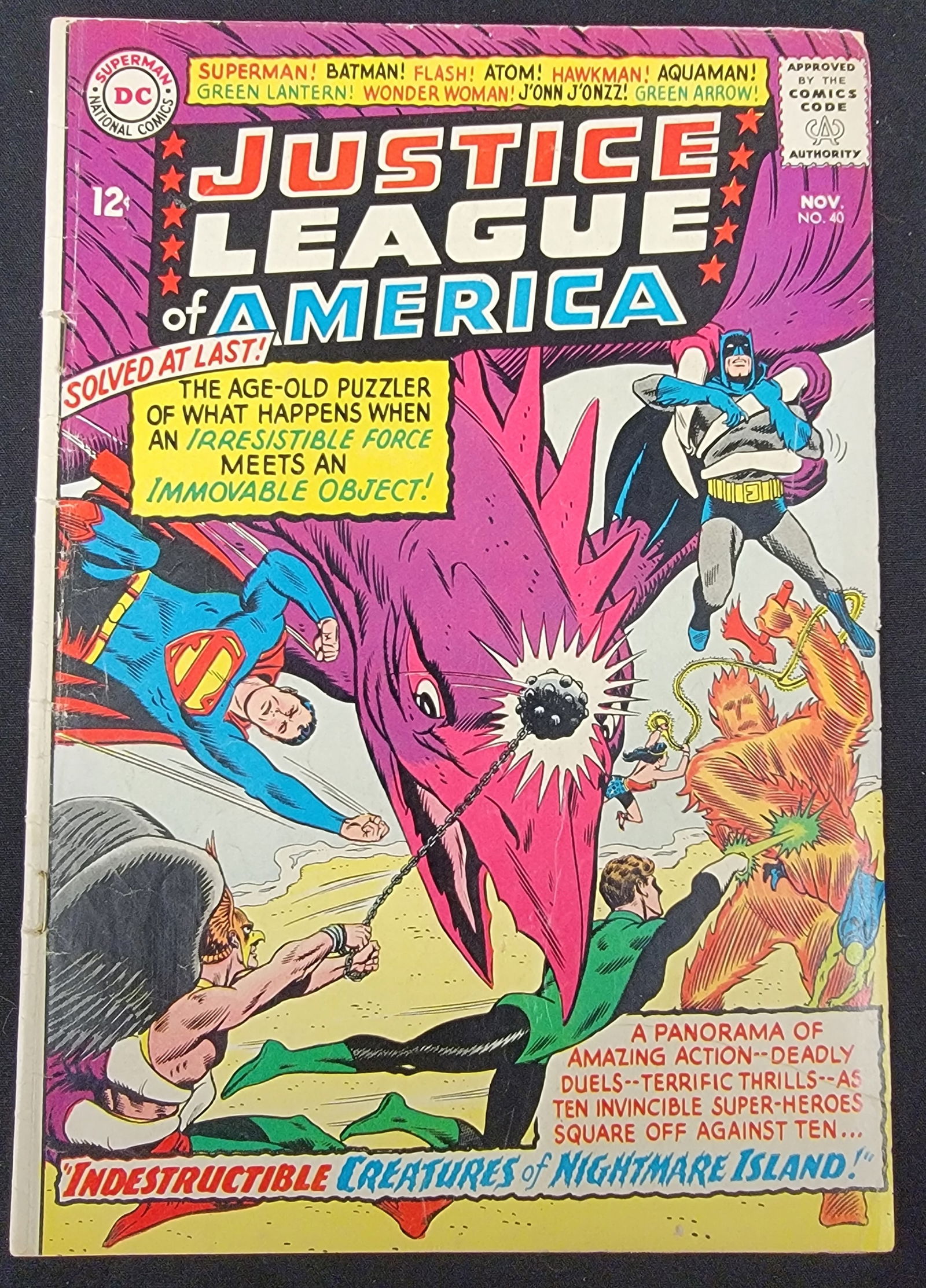 Justice League of America No. 40 DC Comics 1965: Justice League of America No. 40, published by DC Comics in November 1965. This Silver Age comic book features a 12-cent cover price and depicts Superman, Batman, Green Lantern, and Hawkman in combat