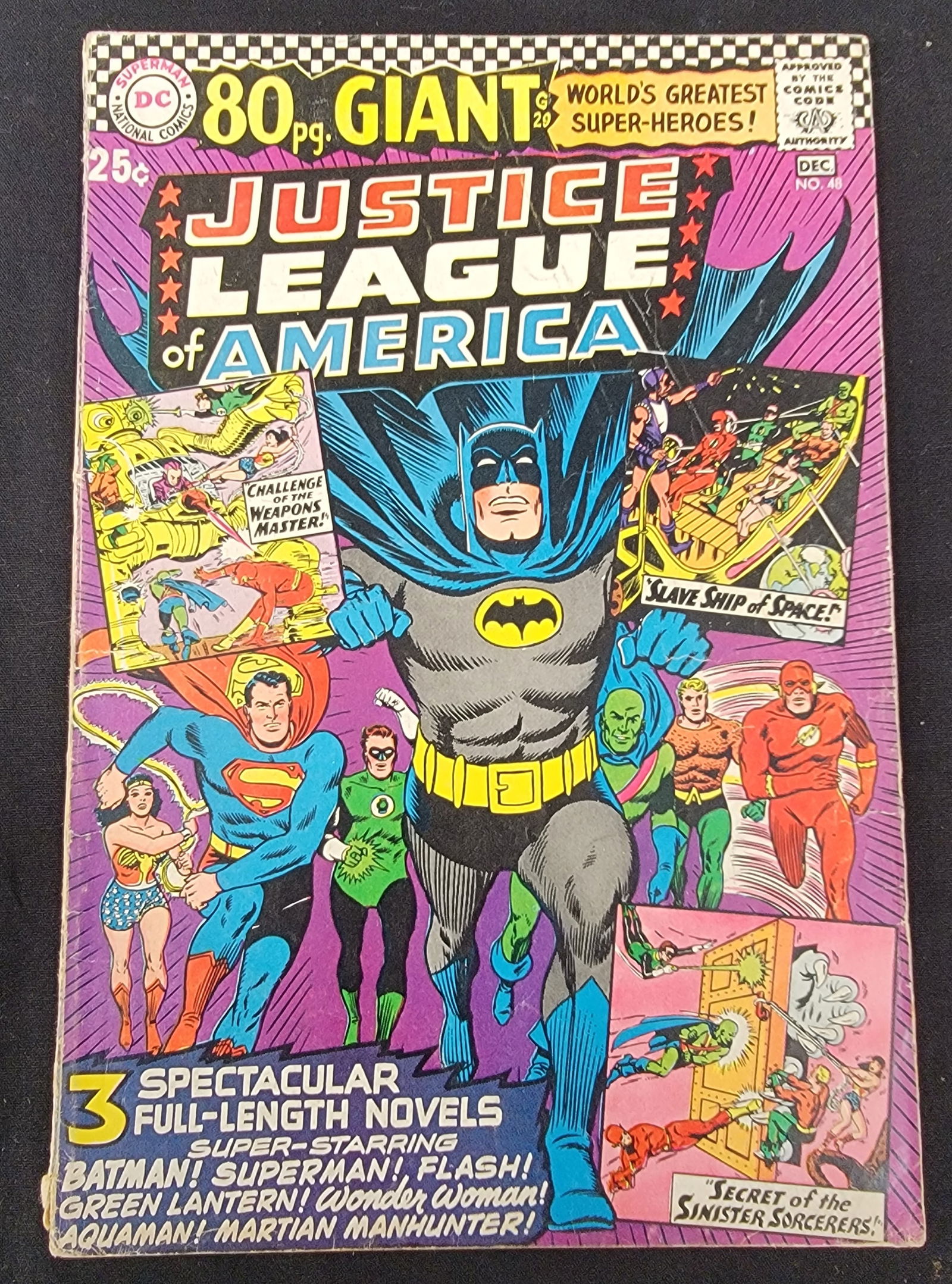 Justice League of America No. 48 DC Comics December 1966: This vintage Silver Age comic book is Justice League of America issue number 48, published by DC National Comics in December 1966. The publication is an 80-page giant anthology featuring three