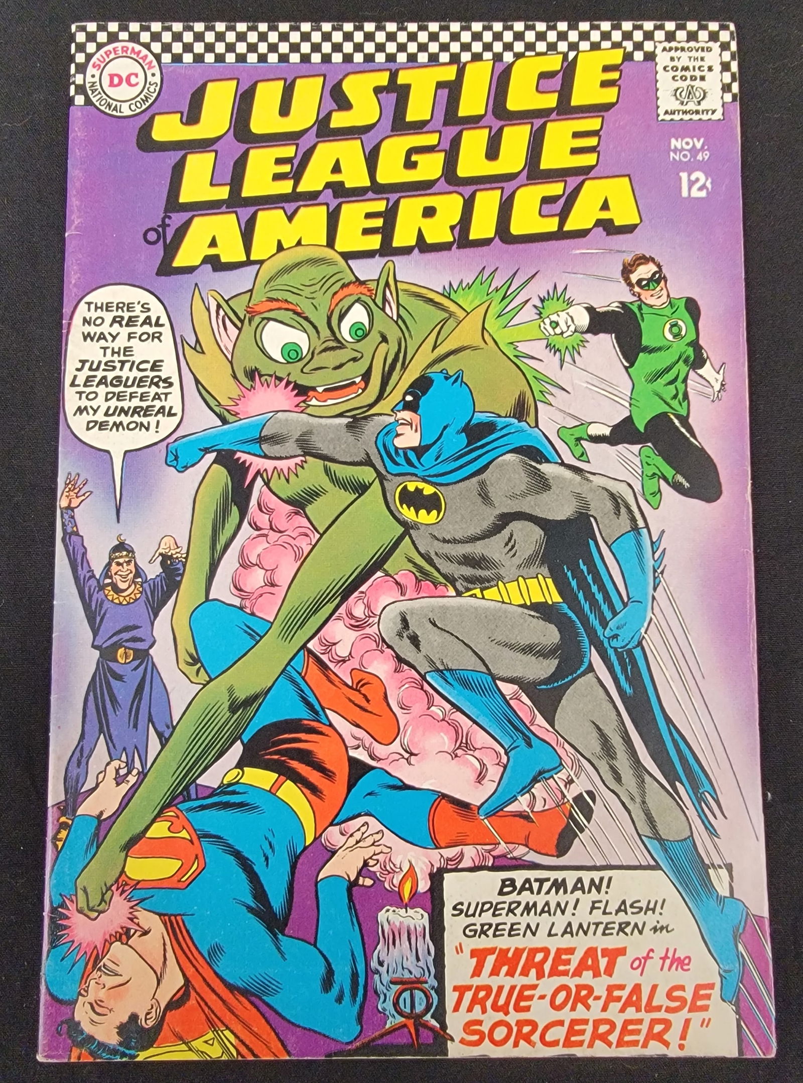 Justice League of America 49 DC Comics 1966: Justice League of America issue number 49, published by DC National Comics and dated November 1966. This Silver Age comic book is composed of stapled paper pages and features the cover story Threat