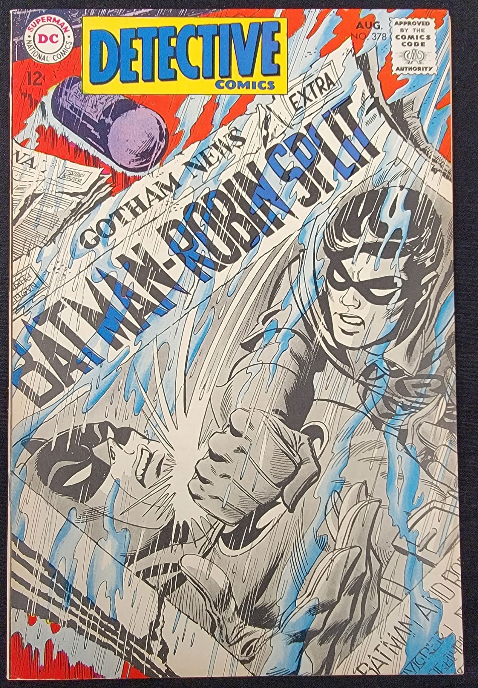DC Comics Detective Comics 378 August 1968: DC Comics Detective Comics 378, published August 1968. This Silver Age comic book features Batman and Robin with a cover headline reading Batman-Robin Split!. The front cover includes the 12-cent pric
