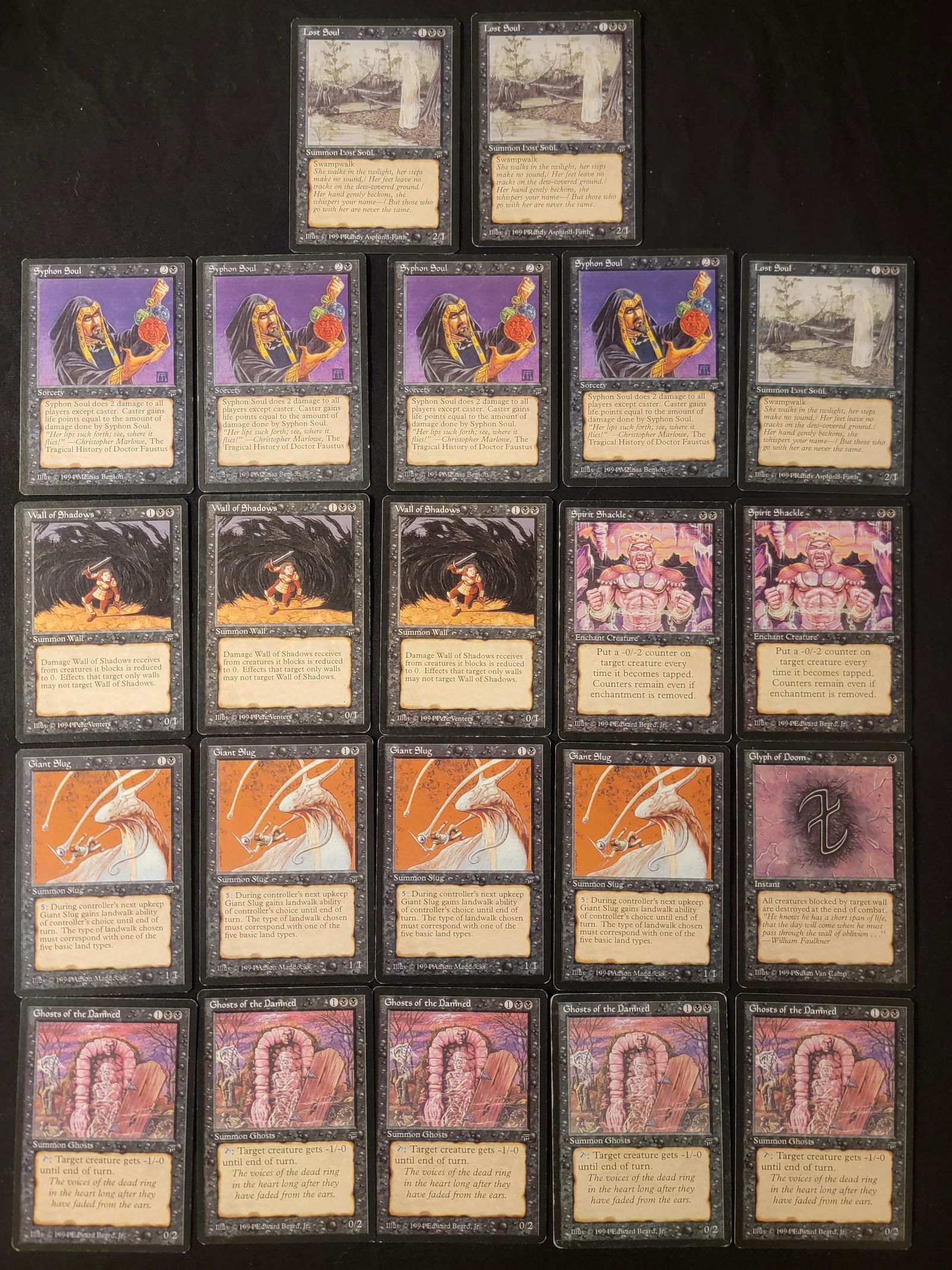Magic The Gathering Black Legends 22: A collection of vintage Magic The Gathering trading cards from the 1994 Legends expansion set. These black-mana cards are printed on standard cardstock with characteristic black borders and feature or