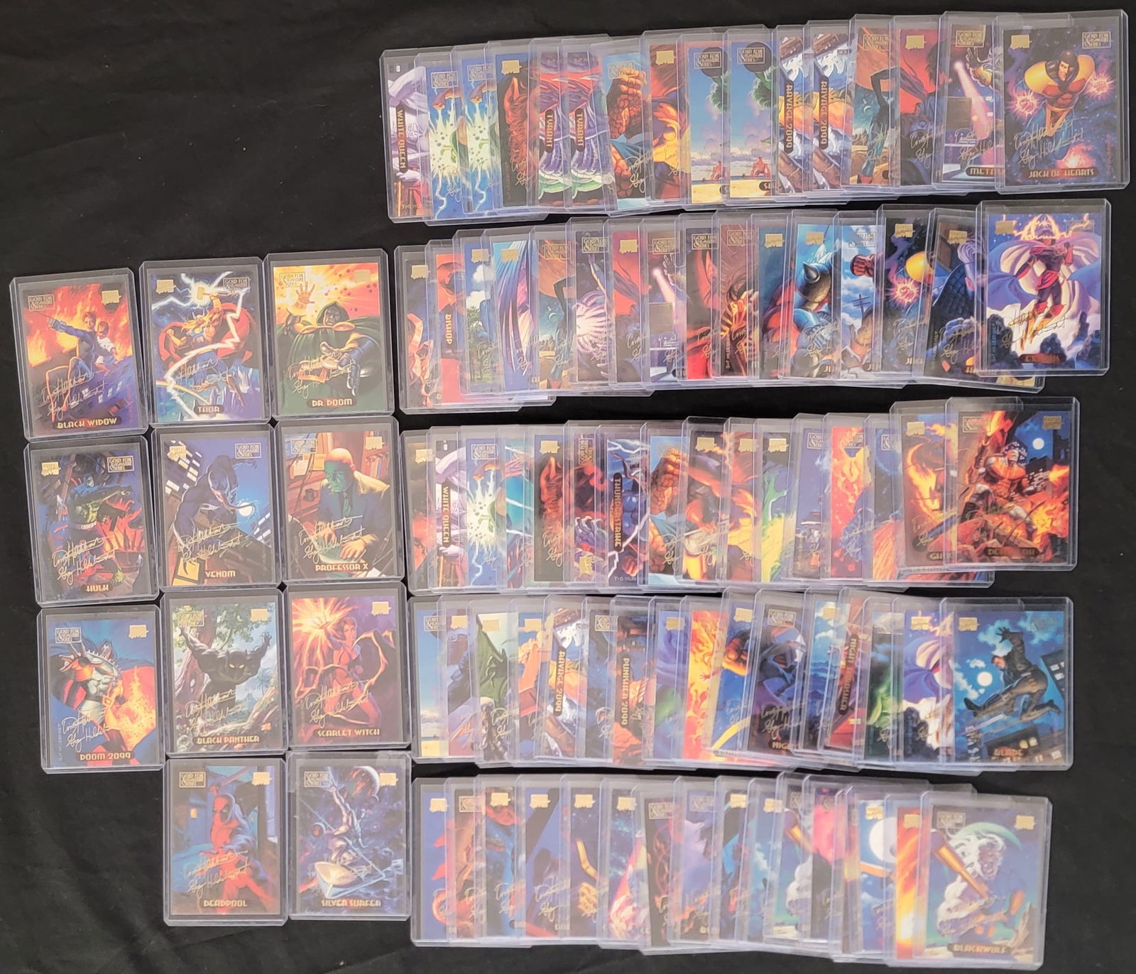 1994 Fleer Ultra Marvel Masterpieces Gold Foil Signature Series Trading Cards: A collection of 1994 Fleer Ultra Marvel Masterpieces Gold Foil Signature Series trading cards featuring artwork by Greg and Tim Hildebrandt. Each card is constructed of cardstock and features dynamic