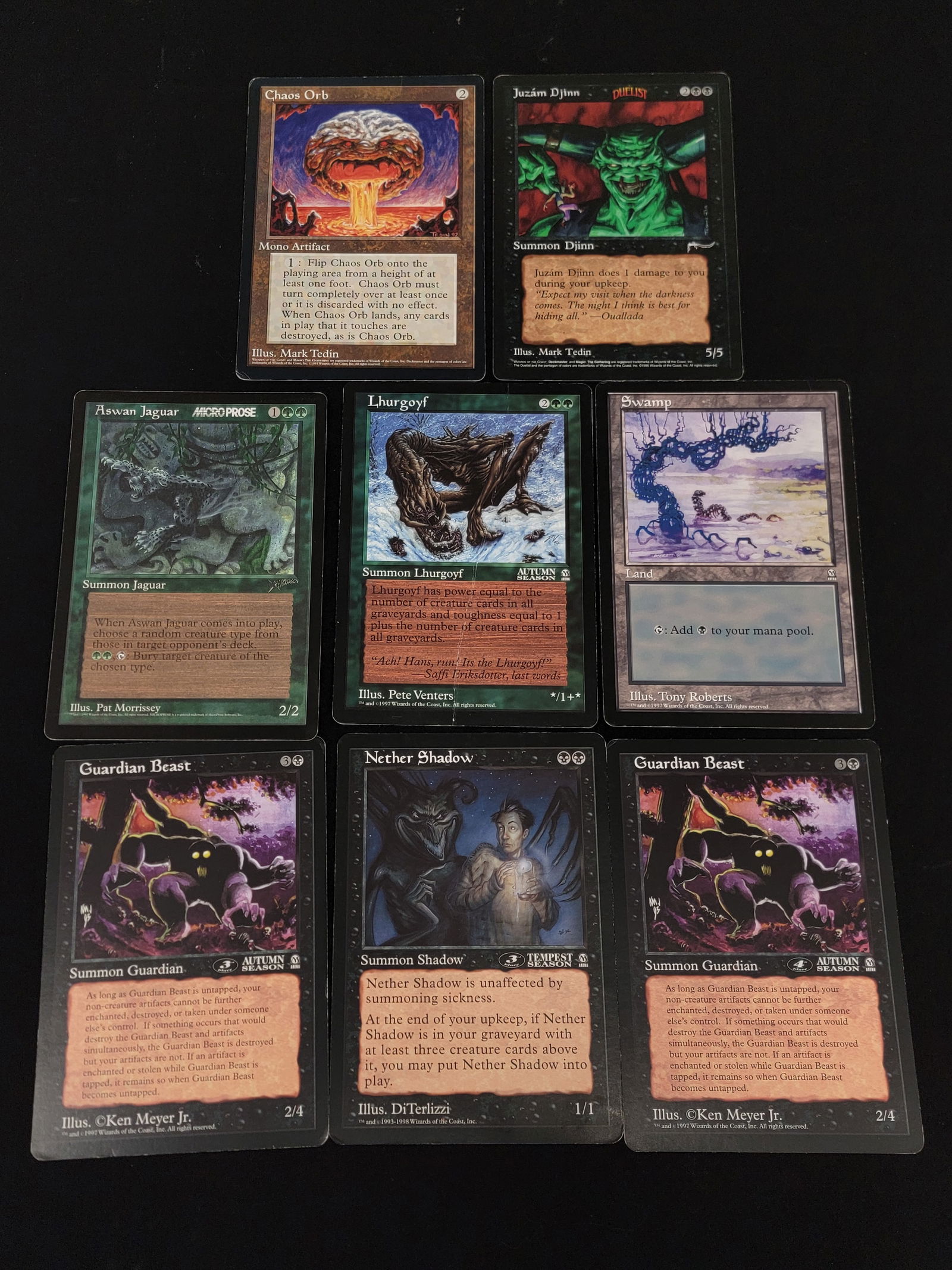 Magic: The Gathering 6x9 Inch Oversized Promotional Cards: A collection of oversized promotional trading cards for Magic: The Gathering, primarily dating from the late 1990s. The group includes various notable cards such as Juzam Djinn featuring a Duelist log