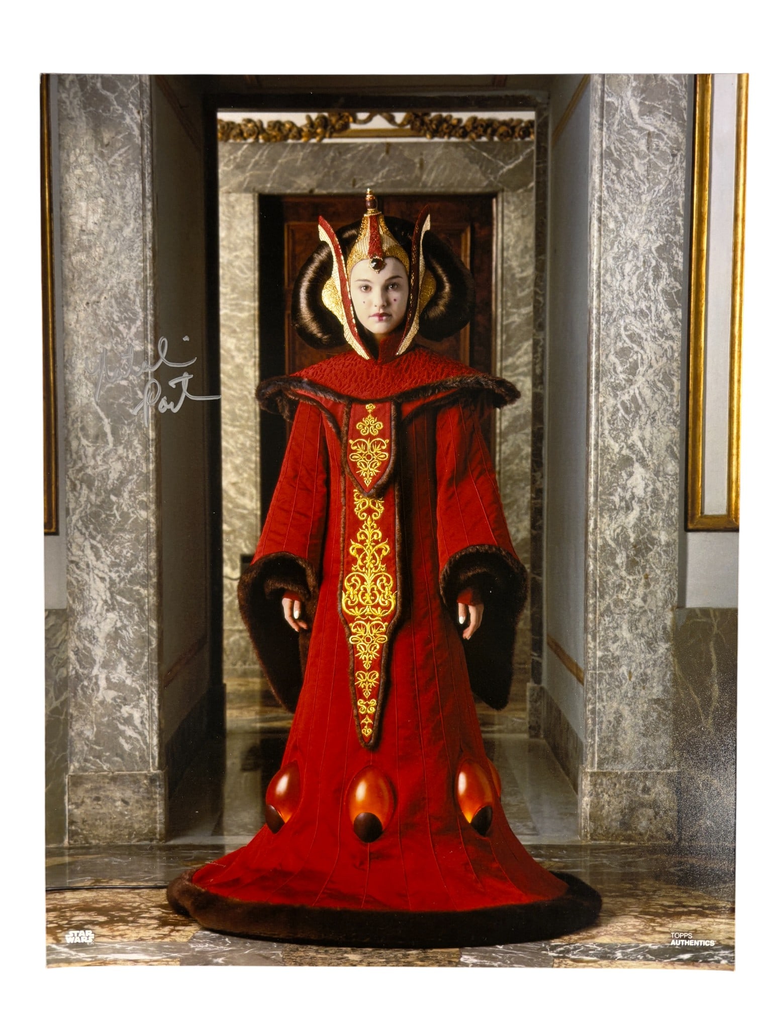 Natalie Portman Signed Topps Authentics Star Wars Queen Amidala Photograph: A color promotional photograph featuring Natalie Portman as Queen Amidala from the film Star Wars: Episode I ? The Phantom Menace. The actress is depicted in the characters red imperial gown, which