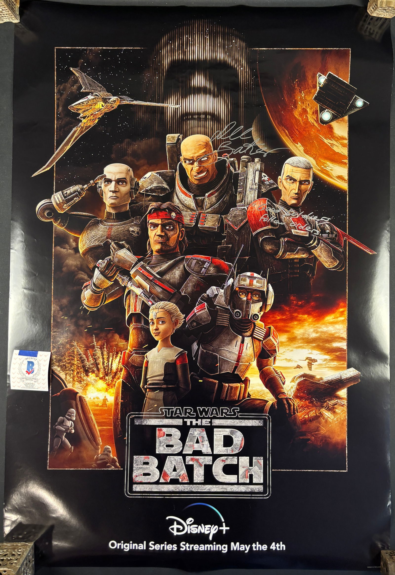 Star Wars: The Bad Batch One Sheet Wall Poster Signed by Dee Bradley Baker with BAS Authentication: A promotional one-sheet wall poster for the Disney+ original series Star Wars: The Bad Batch. The composition features the central squad of clone troopers, including Hunter, Tech, Wrecker, Echo, and