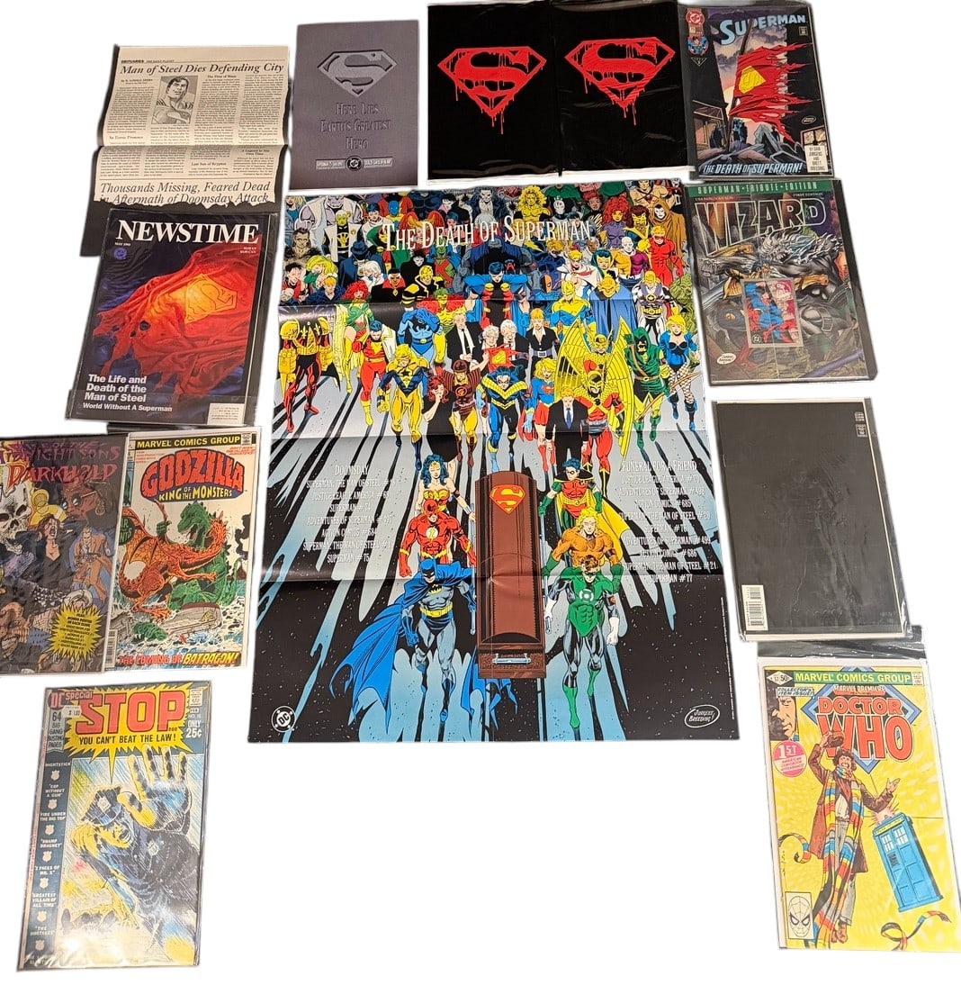 DC Comics The Death of Superman Memorabilia and Assorted Comic Books: This collection centers on the 1992-1993 DC Comics The Death of Superman storyline. The group includes a Superman 75 comic book, the Superman 75 Black Bag Edition, a Wizard Superman Tribute Edition,