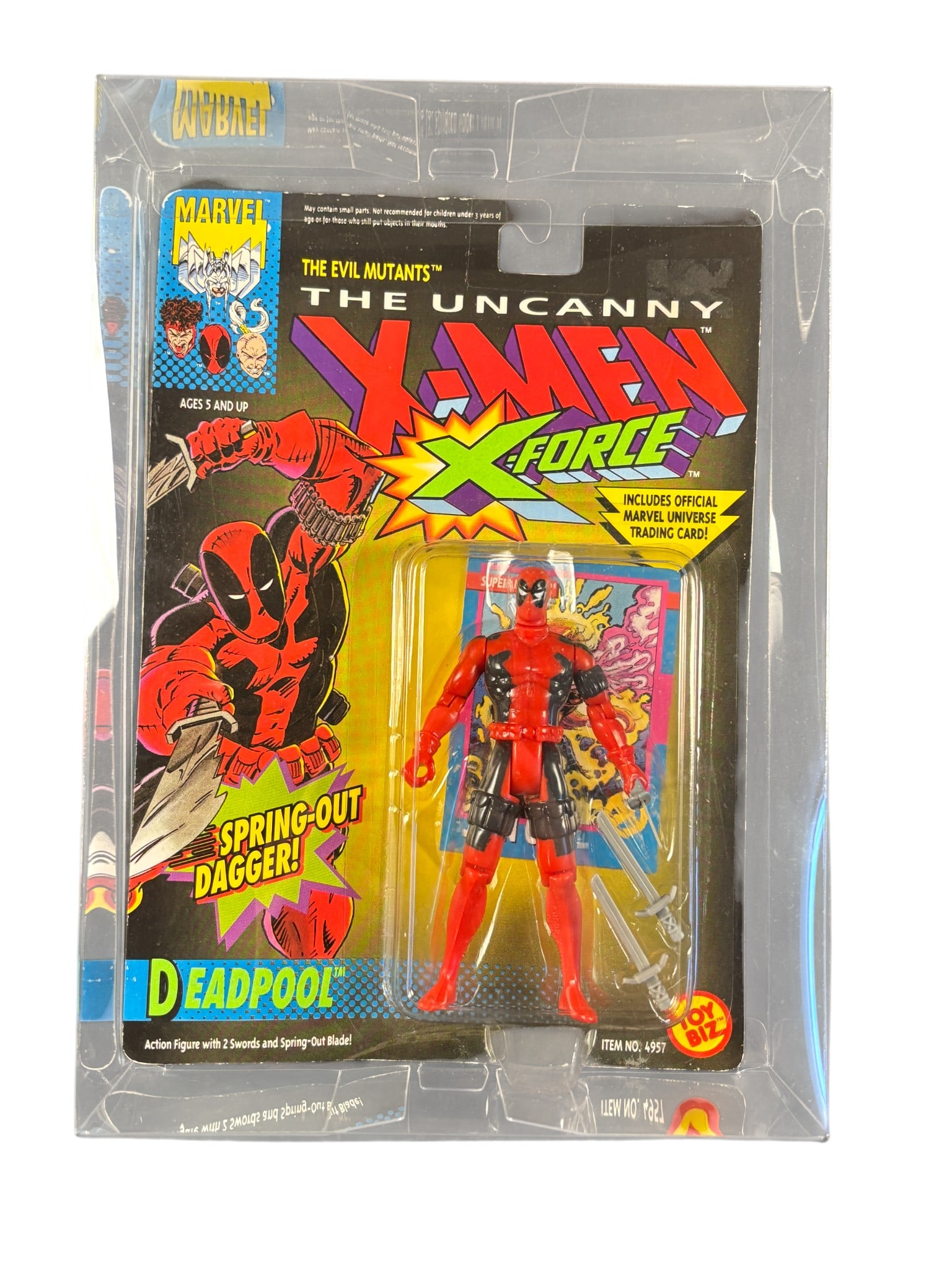 Toy Biz The Uncanny X-Men X-Force Deadpool Action Figure 1992: This 1992 Toy Biz Marvel action figure depicts the character Deadpool from the X-Force series, released under The Uncanny X-Men and The Evil Mutants branding. The articulated plastic figure is