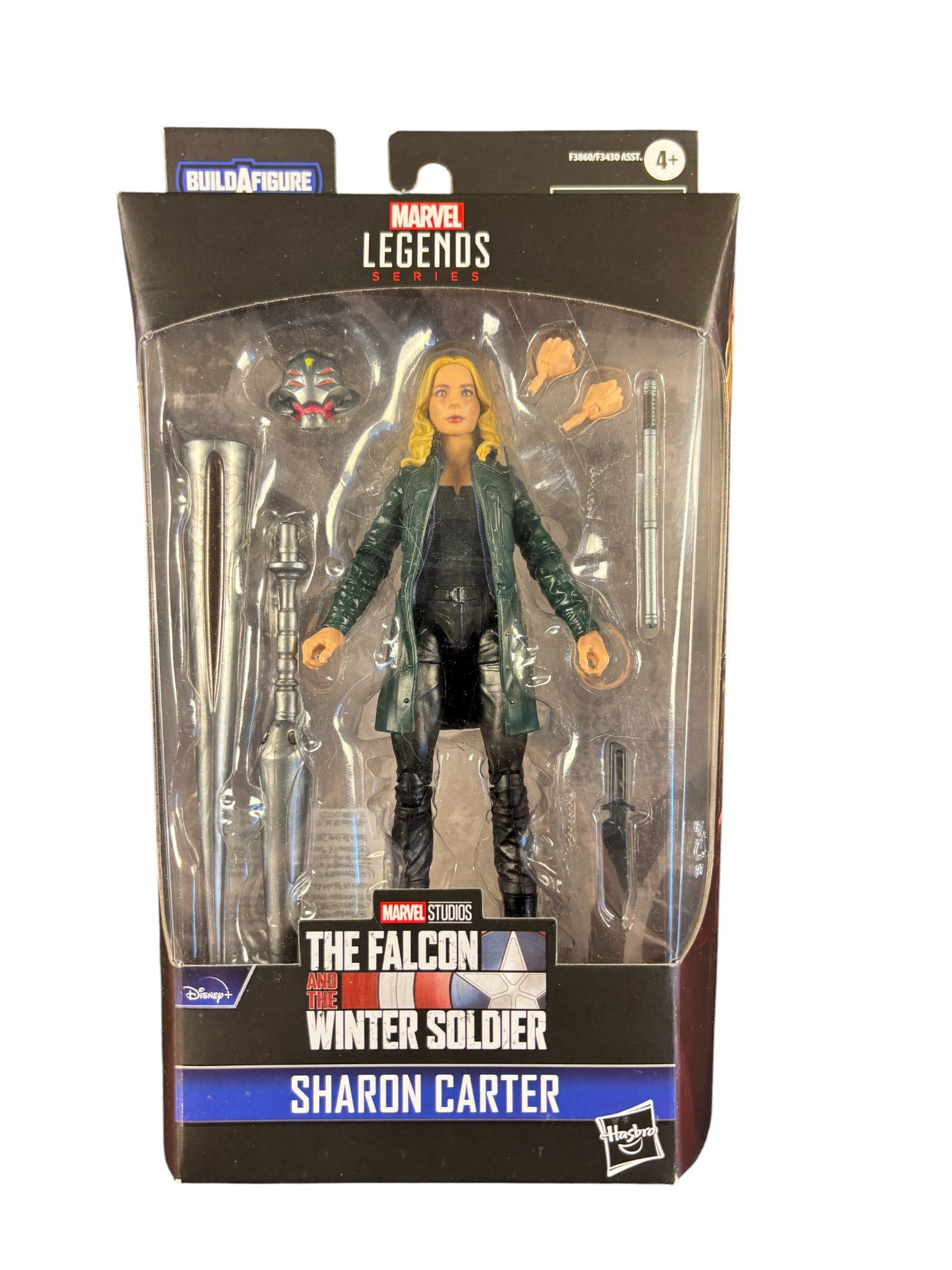 Marvel Legends Series Sharon Carter 6-Inch Action Figure: A Hasbro Marvel Legends Series action figure depicting the character Sharon Carter as seen in the Disney+ series The Falcon and the Winter Soldier. The figure is constructed of molded plastic and is