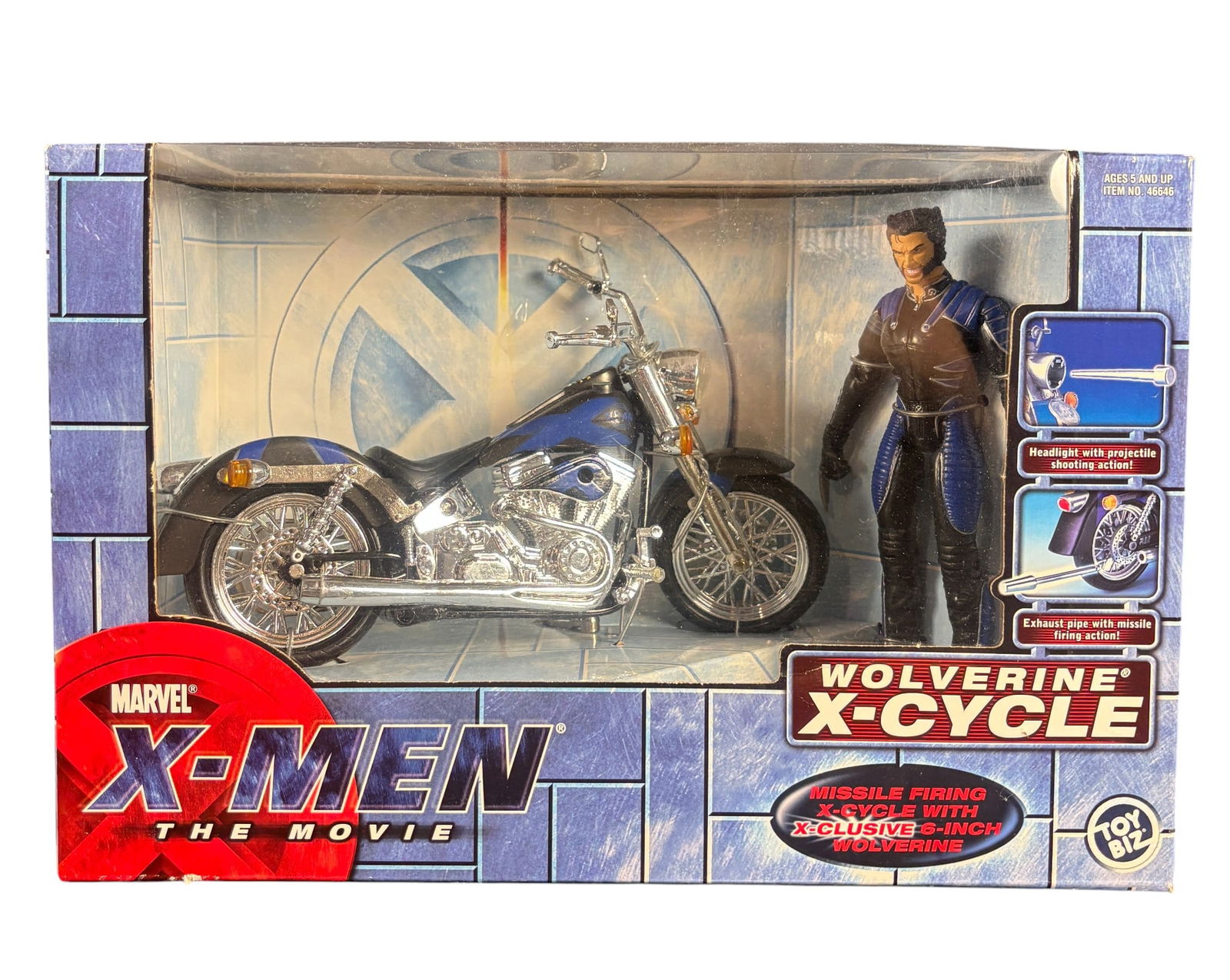 Toy Biz Marvel X-Men The Movie Wolverine X-Cycle with Wolverine Action Figure: A Toy Biz Marvel X-Men: The Movie Wolverine X-Cycle action figure set, item number 46646, produced circa 2000. The set includes a six-inch Wolverine action figure depicted in a film-inspired tactical