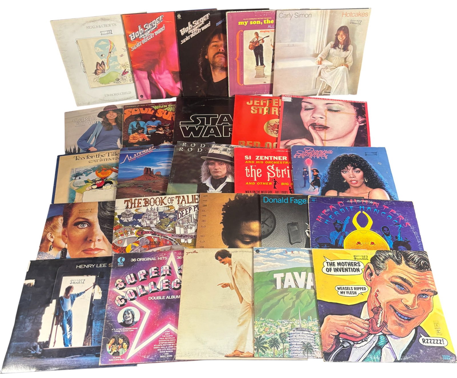 Assorted Vintage Vinyl Long-Play Records: A collection of vintage 12-inch vinyl long-play LP records featuring various popular music artists from the mid-to-late 20th century. The group spans genres including rock, pop, folk, soul, and jazz.