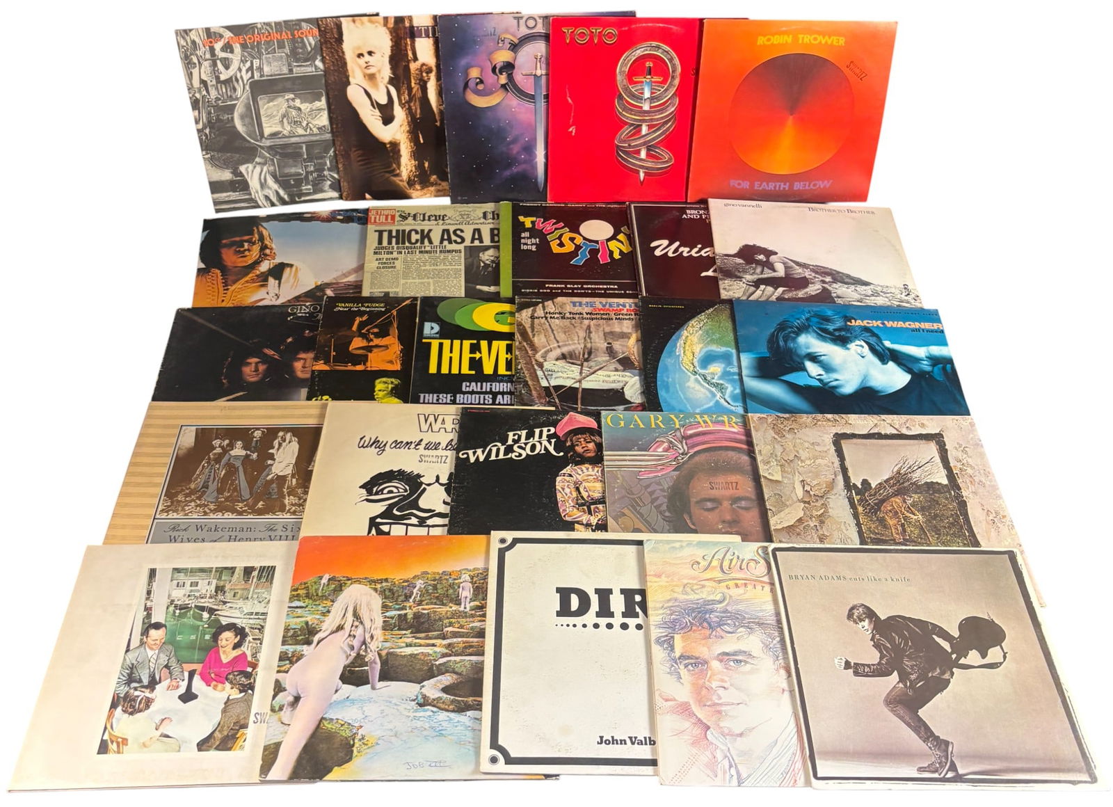 Vintage Rock Pop and Soul Vinyl LP Records Including Led Zeppelin and Jethro Tull: A collection of vintage vinyl LP records featuring various artists primarily from the 1970s and 1980s. The assortment includes titles such as Led Zeppelin IV and Houses of the Holy, Jethro Tull Thick