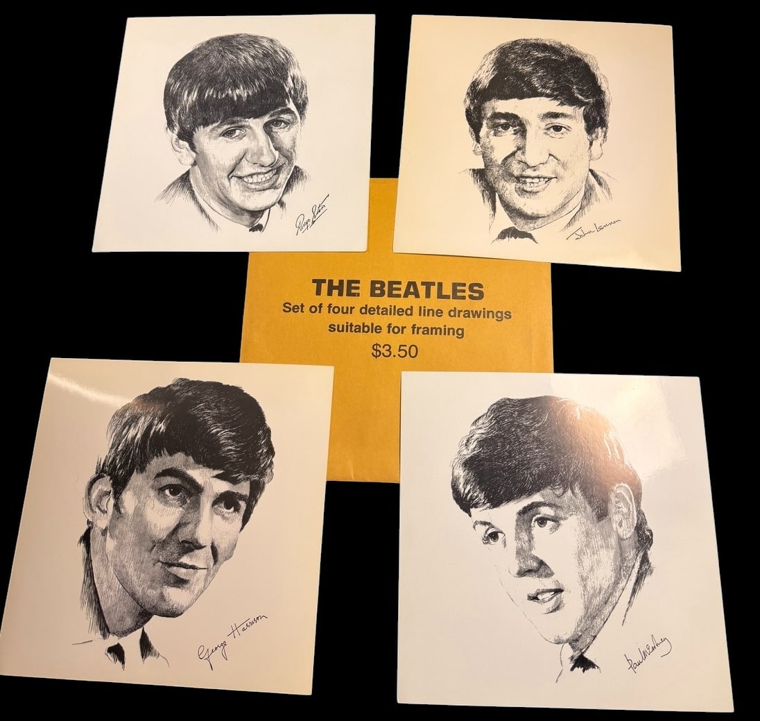 A Set of Vintage Beatles Pen and Ink Line Drawing Prints (1 of 1)