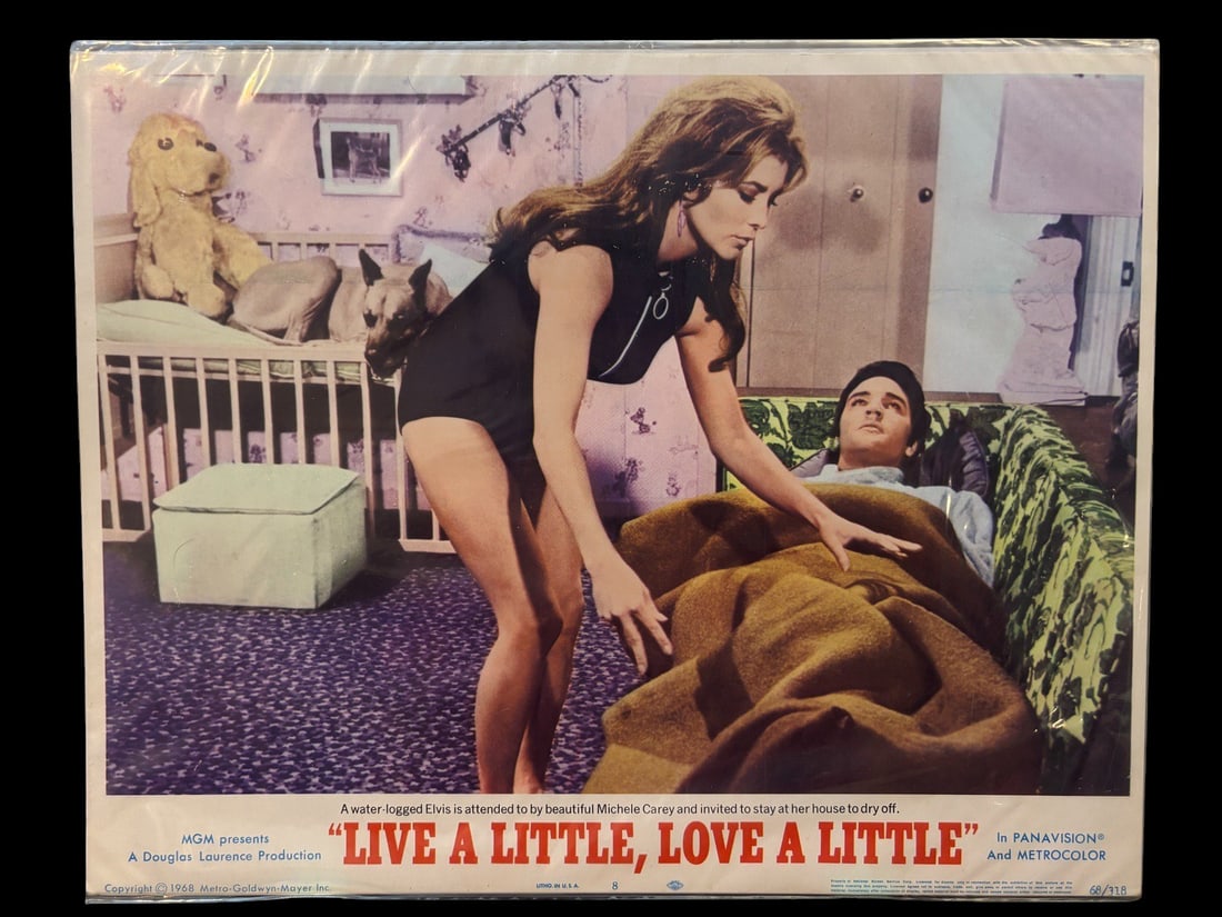 Original Live a Little Love a Little Movie Lobby Card Featuring Elvis Presley 1968: An original color movie lobby card for the 1968 Metro-Goldwyn-Mayer musical comedy Live a Little, Love a Little, starring Elvis Presley and Michele Carey. The scene depicts a domestic interior with Ca