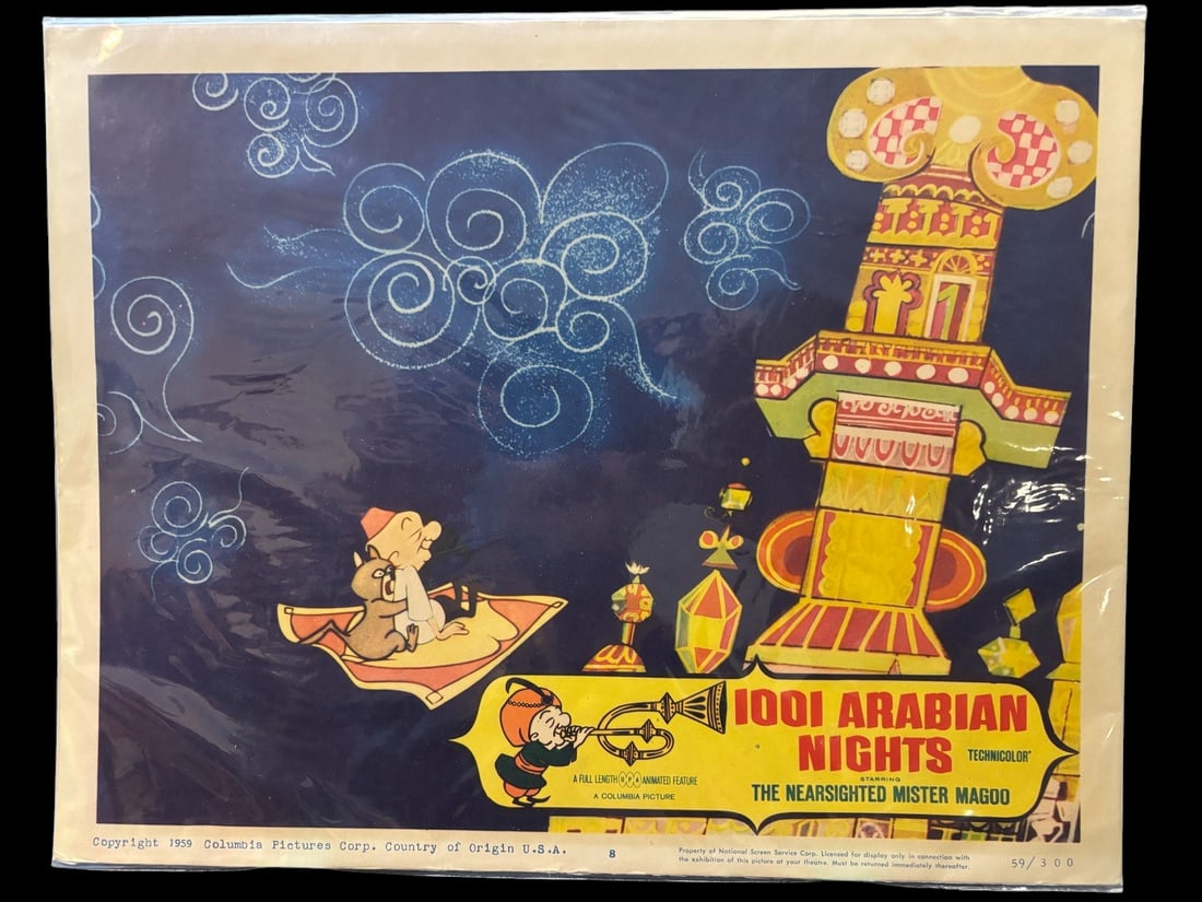 Original 1959 Columbia Pictures 1001 Arabian Nights Mister Magoo Lobby Card Number 8: An original lithographed lobby card for the 1959 Columbia Pictures full-length animated feature 1001 Arabian Nights, starring The Nearsighted Mister Magoo. The mid-century animation artwork depicts Mi