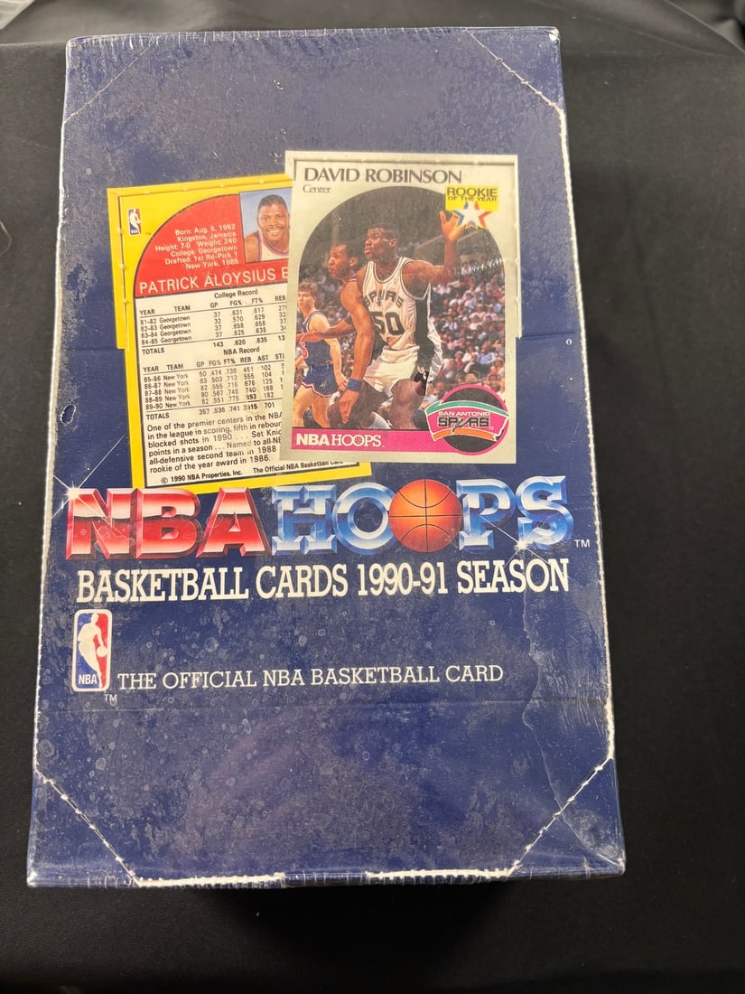 1990-91 NBA Hoops Series 1 Factory Sealed Basketball Card Box: A factory sealed box of 1990-91 NBA Hoops Series 1 basketball cards.