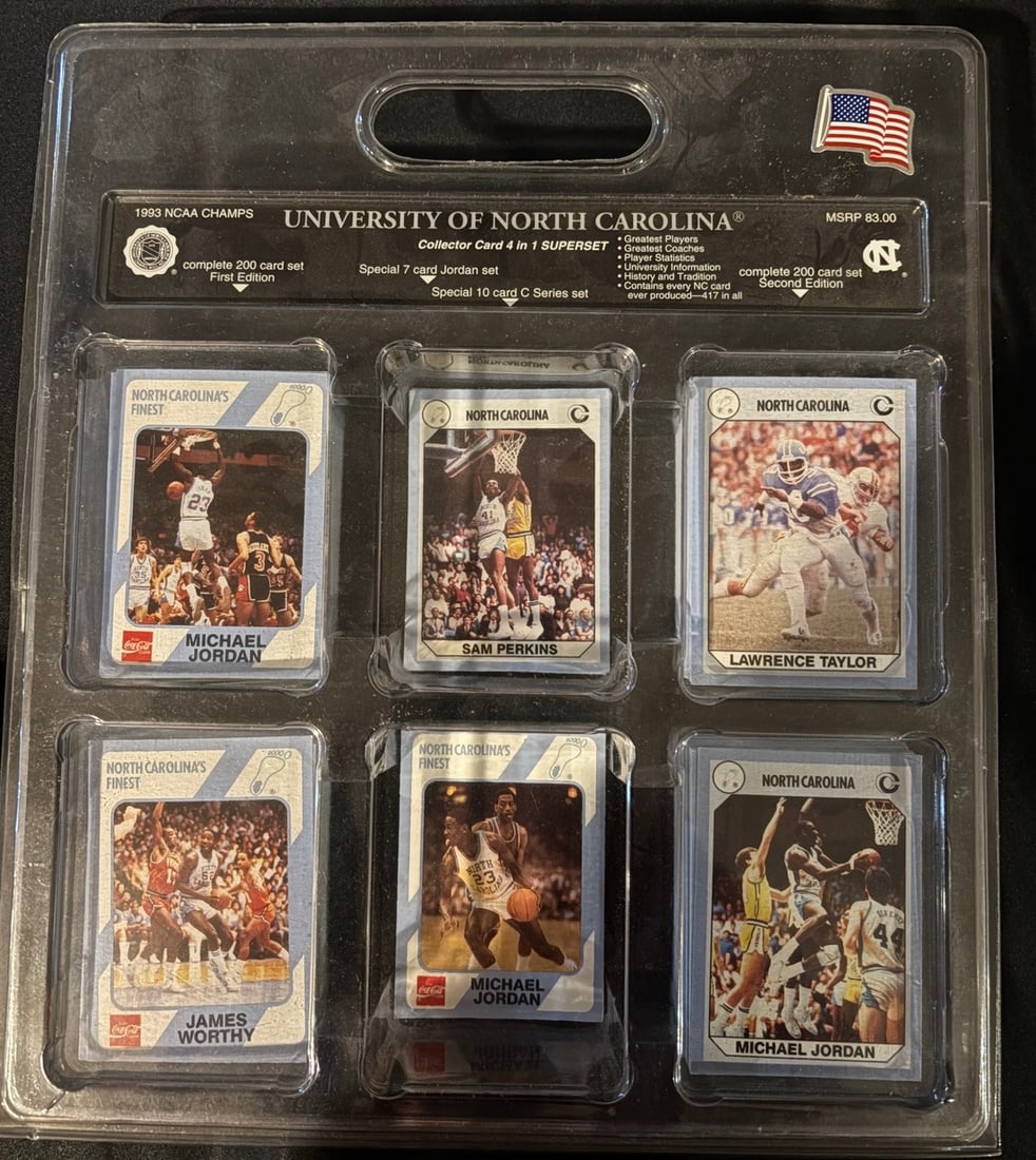 1993 University of North Carolina Collegiate Collection 4 in 1 Superset: This lot consists of a 1993 University of North Carolina Collector Card 4 in 1 Superset produced by Collegiate Collection. The collection is contained within its original molded clear plastic clamshel
