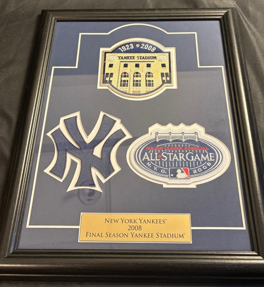 New York Yankees 2008 Final Season Yankee Stadium Commemorative Patches: A trio of New York Yankees commemorative embroidered patches celebrating the 2008 final season of the original Yankee Stadium. The collection includes a top patch depicting the stadium facade with the