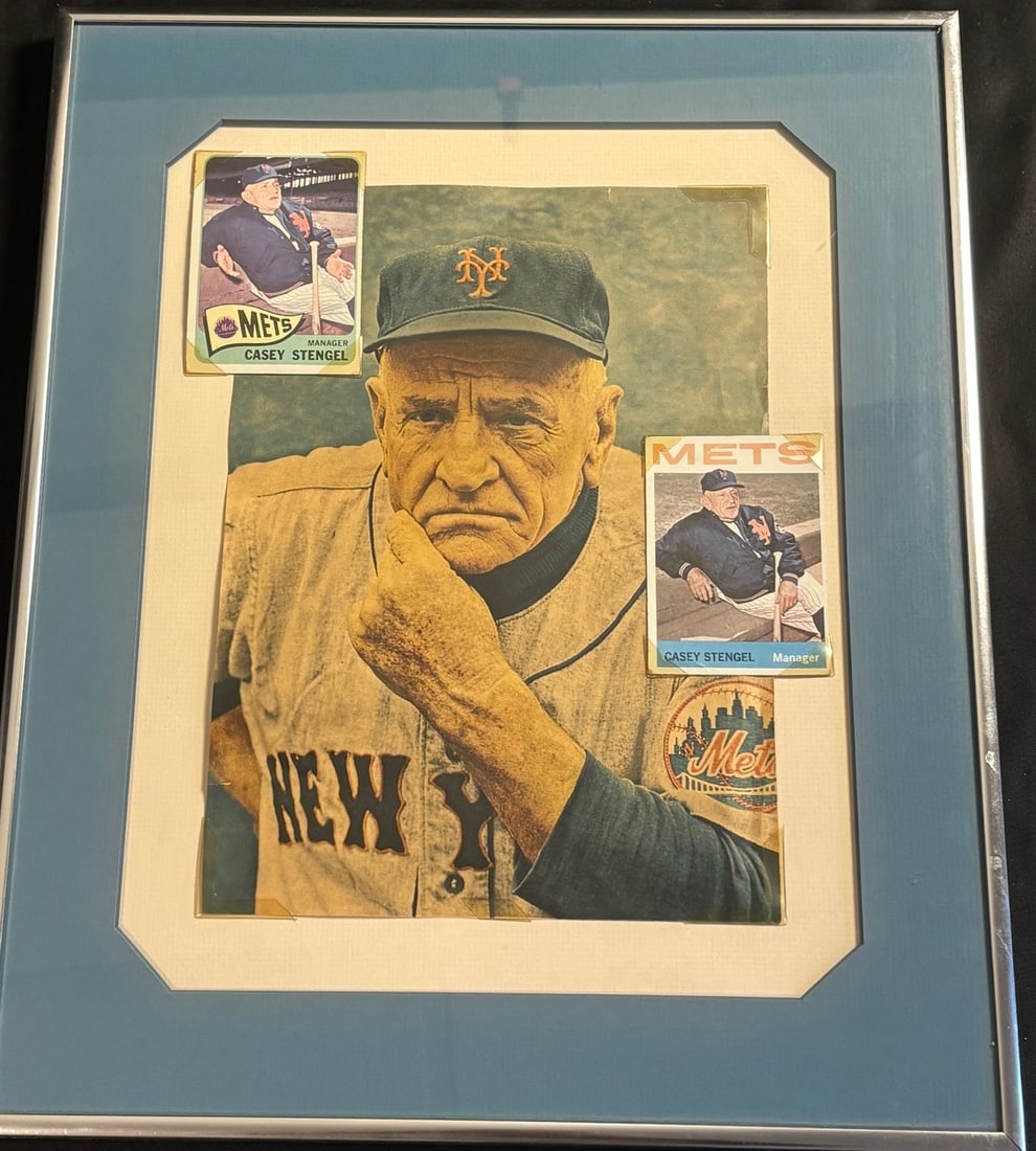 A Trio of Casey Stengel New York Mets Memorabilia Items: A collection of New York Mets memorabilia centered on Hall of Fame manager Casey Stengel. The assembly includes a large color photograph of Stengel in a pensive pose wearing a New York Mets uniform. A
