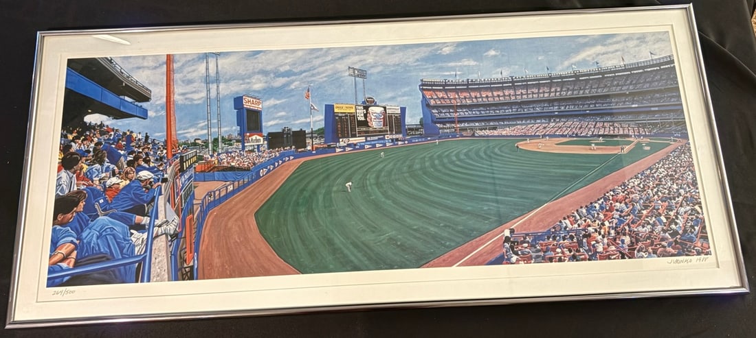 Andy Jurinko, Left Field Corner, Shea Stadium, 1988 Offset Lithograph: An offset lithograph titled Left Field Corner by artist Andy Jurinko, dated 1988. The work depicts a panoramic view of Shea Stadium from the perspective of the left-field stands, featuring the New Yor