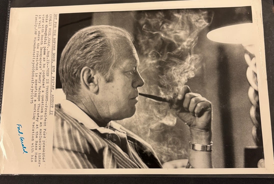 1975 Associated Press Wirephoto President Gerald Ford Deep In Thought (1 of 2)