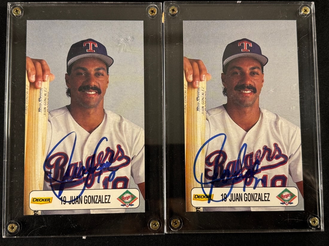 A Pair of Juan Gonzalez Autographed Decker Texas Rangers Baseball Cards: A pair of autographed baseball cards featuring Texas Rangers outfielder Juan Gonzalez. (GTPTPA) Guaranteed to pass third-party authentication