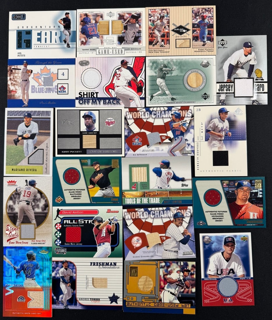 Collection Baseball Game-Used Relic Trading Cards: A collection of contemporary Major League Baseball trading cards featuring a 2001 SP Game Used Edition Edgardo Alfonzo authentic fabric card. This assortment, primarily dating from the late 1990s to t