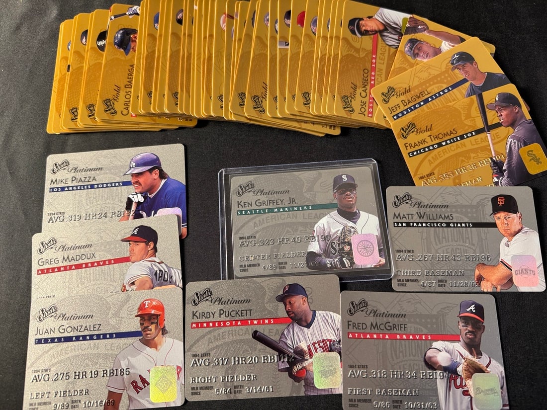 1995 Donruss Leaf Studio Gold and Platinum Series Baseball Cards - Sets: This collection consists of a group of 1995 Donruss Leaf Studio baseball cards, including examples from both the Gold and Platinum parallel series. These cards are characterized by their metallic, cre