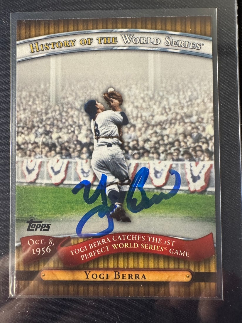2010 Topps History of the World Series HWS12 Yogi Berra Signed Baseball Card: 2010 Topps History of the World Series baseball trading card, number HWS12, featuring New York Yankees catcher Yogi Berra. GTPTA Guaranteed to pass third-party authentication