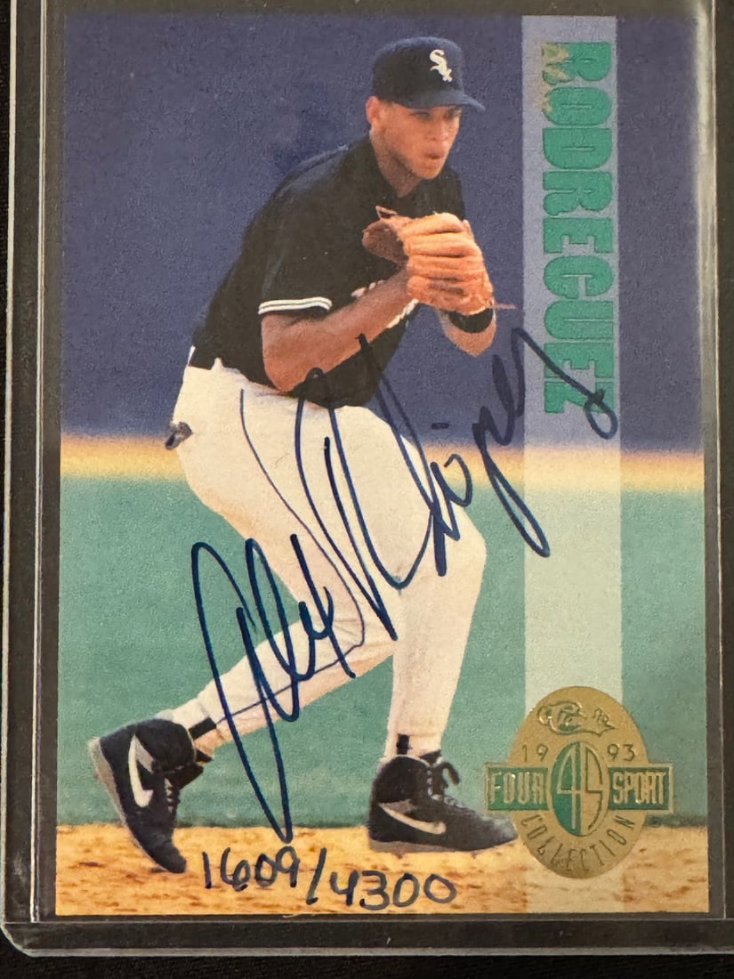 Alex Rodriguez Signed 1993 Classic Four Sport Collection Rookie Card: A 1993 Classic Four Sport Collection trading card featuring baseball player Alex Rodriguez. The card depicts the athlete in a fielding pose wearing a black jersey and a cap with a white S logo. The it