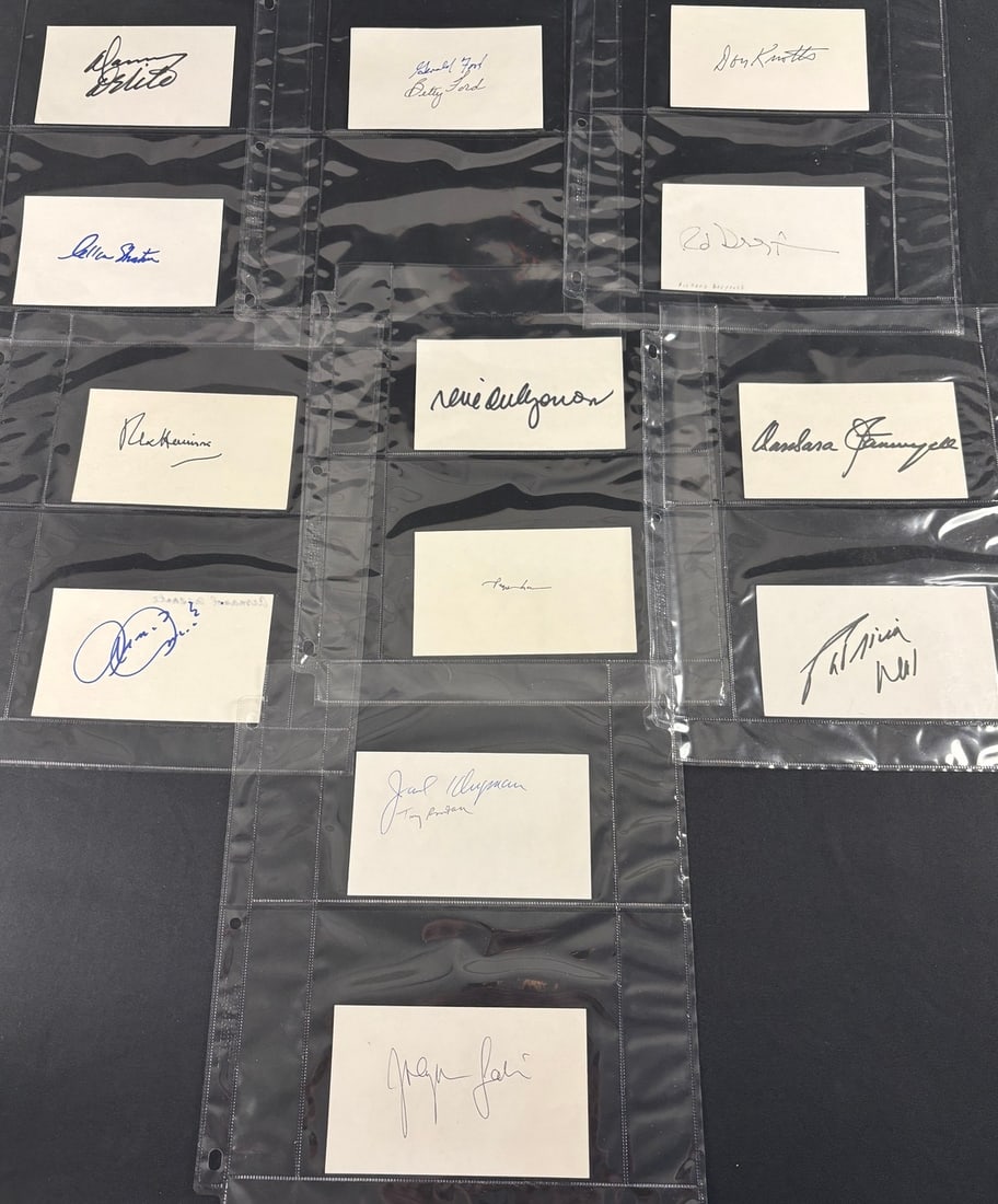 A Collection of Signed Index Cards and Cut-outs Featuring Notable Figures from Film, Television, and (1 of 14)