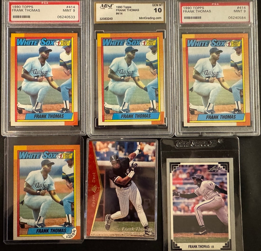 Frank Thomas Baseball Cards Including 1990 Topps 414 Rookie Cards: A collection of Frank Thomas baseball cards featuring several examples of the 1990 Topps 414 rookie card alongside other early-career issues.