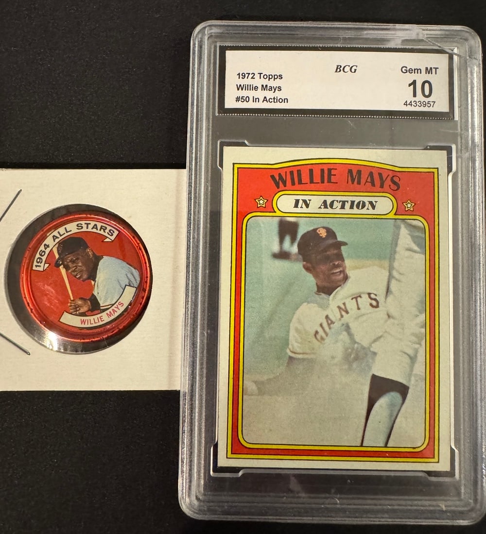 Willie Mays Topps 1972 In Action Card 50 and 1964 All-Stars Coin: This lot consists of two baseball collectibles featuring Hall of Famer Willie Mays. The primary item is a 1972 Topps In Action card, number 50, which depicts Mays in a San Francisco Giants uniform wit