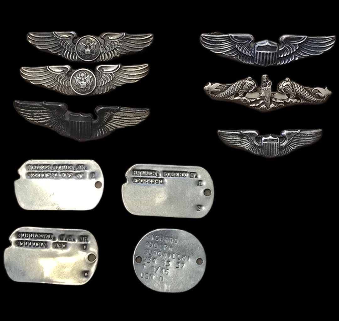 WWII Wings and Dogtag Collection: Mixed collection with unresearched dogtags, six wings, and one officer's submarine bade.