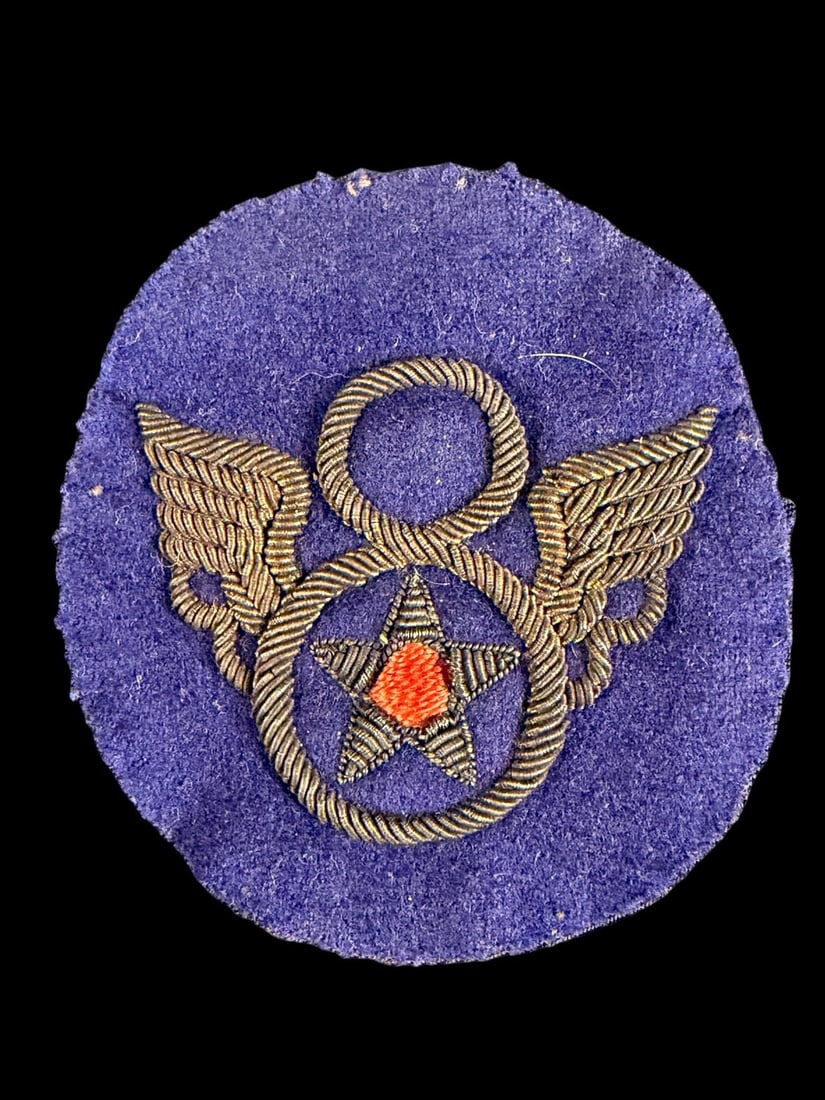 WWII 8th Army Air Force Bullion Stubby Wing Patch: Fine original example of an early, British - Made bullion stubby-wing patch.