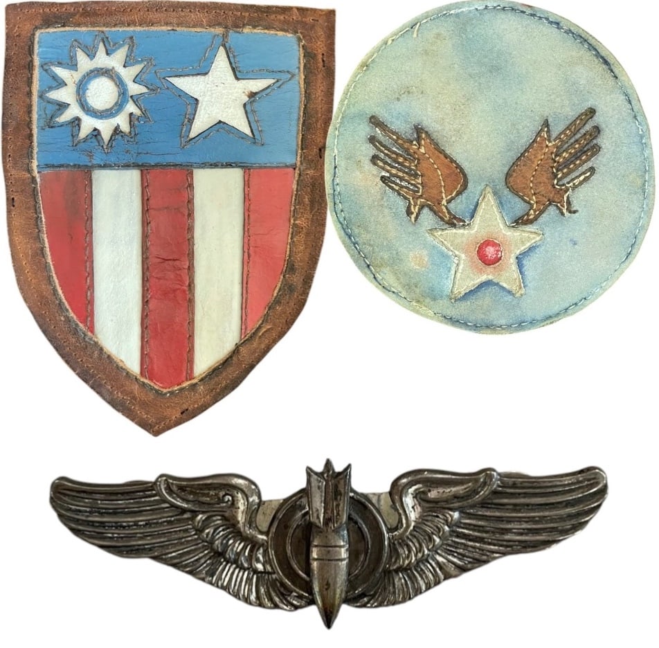 WWII CBI AAF Leather Insignia Lot: Includes Leather Shoiulder Insignia and a 3in Sterling CB Bombardier Wing.