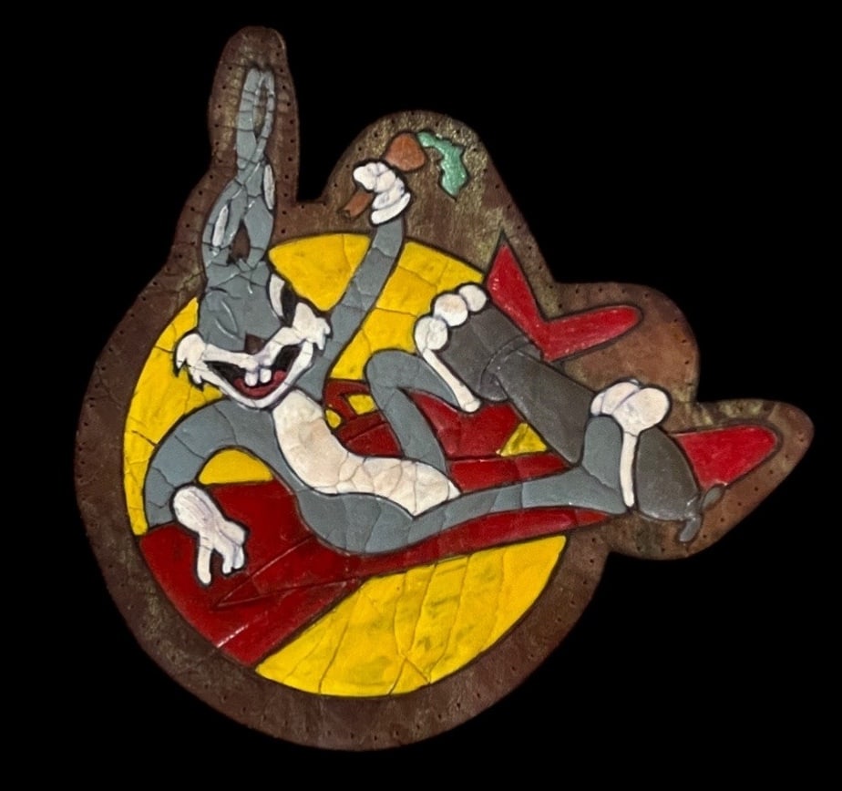 WWII Squadron or Group Patch Bugs Bunny: Original painted on leather patch. Unable to ID exact squadron or group. Appears original. Removed from jacket.