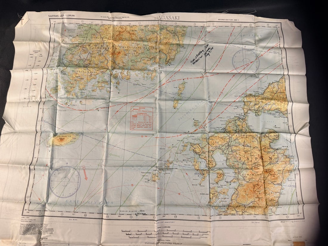 WWII AAF Silk Escape Map NAGASAKI Signed by Boxcar Pilot Atomic Bomb (1 of 2)