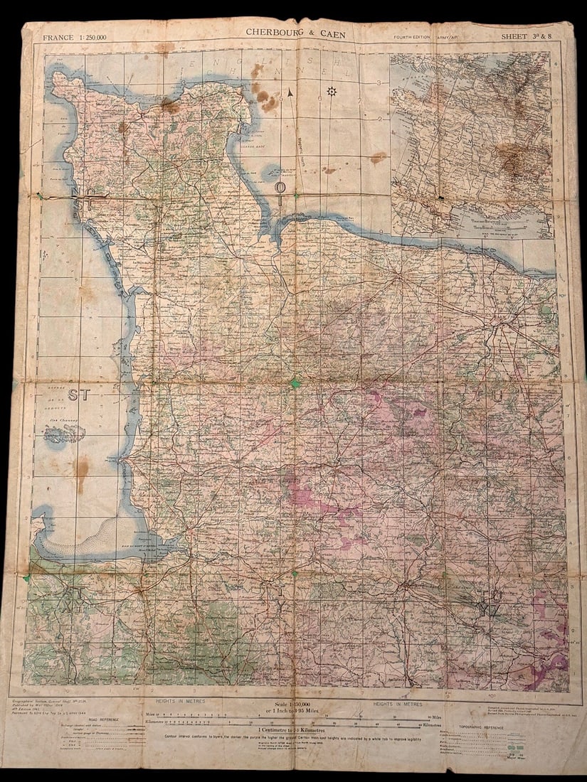 RARE WWII Cherbourg and Caen D-Day Normandy Invasion Combat Map (1 of 2)