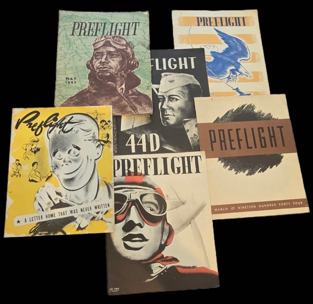 WWII Preflight Training Books: A collection of six original softcover magazines and yearbooks produced for cadets of the United States Army Air Forces Pre-Flight Schools during World War II. These publications served as commemorati