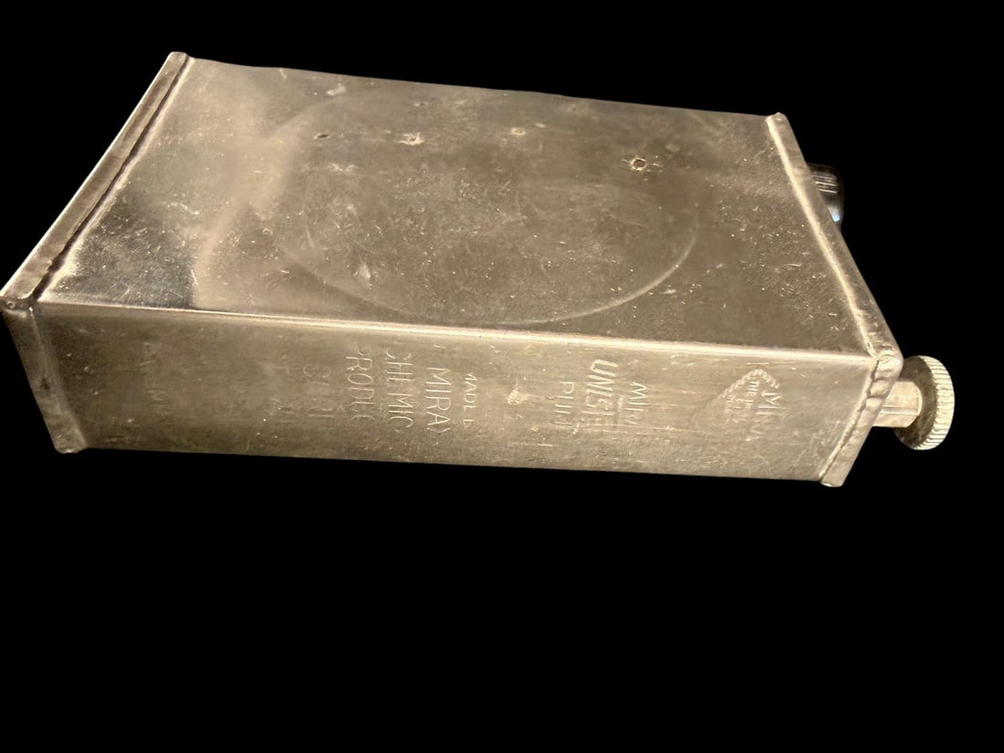 WWII AAF Pump Canister: This military-issue portable pump canister was manufactured for the United States Army Air Corps by the Mirax Chemical Products Corp of St. Louis, Missouri. The item is constructed with a rectangular
