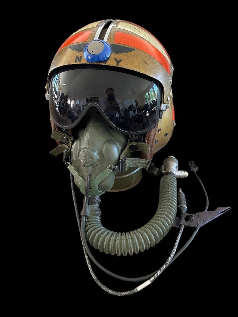 Vietnam Era APH-6 Painted Flight Helmet Assembly: A United States Navy APH-6 series Aviator Protective Helmet (APH) paired with an MS22001 oxygen mask and communications assembly, dating to the Vietnam War era. The fiberglass helmet shell is finished