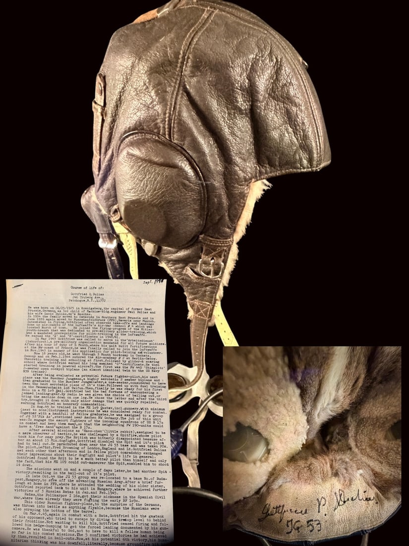 WWII German Luftwaffe ID'd and Signed Flight Helmet with Goggles JG53 (1 of 8)