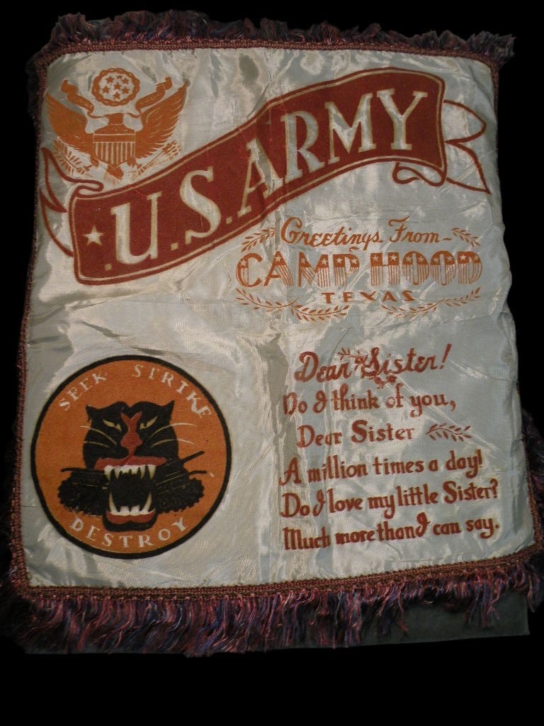 WWII US Army Tank Destroyer Camp Hood Pillow Sham: Scarce Tank Destroyer satin pillow sham from Camp Hood. This is a World War II era US Army sweetheart souvenir pillow sham or banner, a type of homefront memorabilia typically sent to family members b