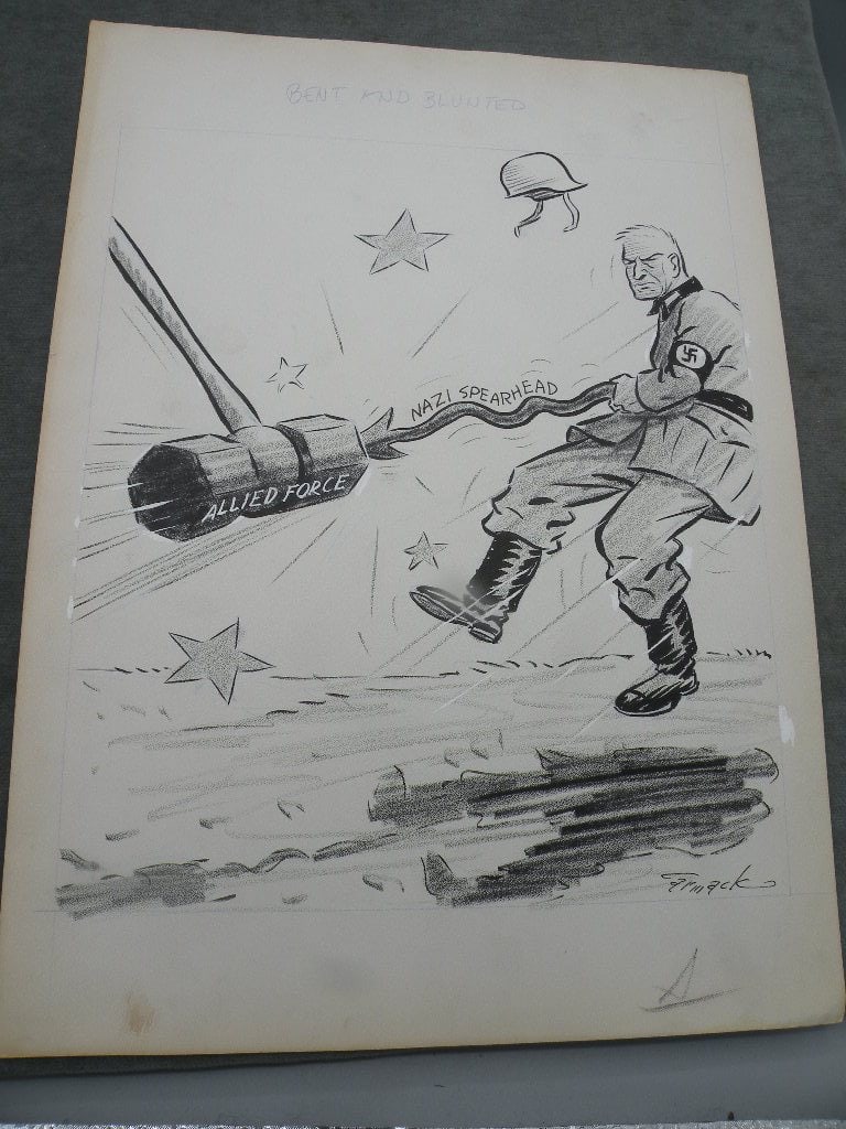 Fantastic WW2 original political cartoon drawn by artist Paul R. Carmack: This original World War II-era political cartoon is executed in charcoal and ink on heavy wove paper. Titled Bent and Blunted in pencil along the upper margin, the illustration depicts a large mallet