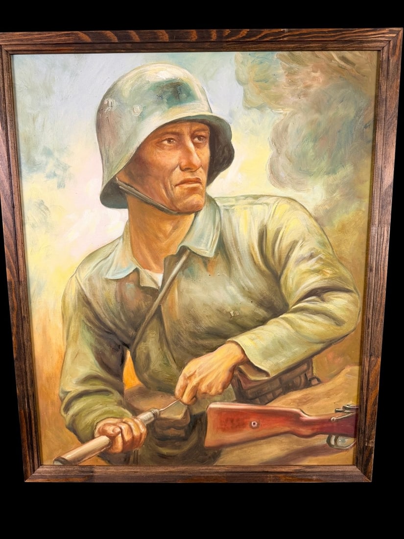 Contemporary Oil Rendition. German Army WWII - Eber: After Elk Eber (German, 1892-1941), Die letzte Handgranate (The Last Hand Grenade). This oil on canvas painting depicts a three-quarter portrait of a German soldier in a realistic style. The figure is