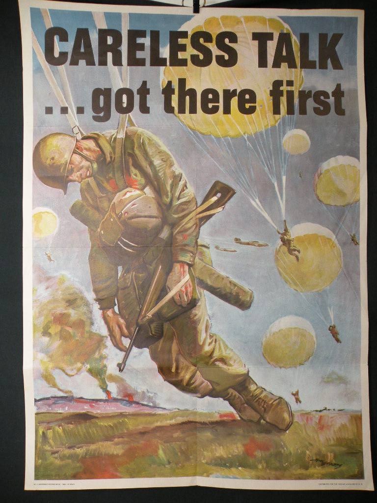 WWII US Careless Talk Poster Paratrooper: This original 1944 United States Office of War Information (OWI) propaganda poster is titled Careless Talk Got There First and features artwork by Herbert Morton Stoops. The illustration depicts an Am
