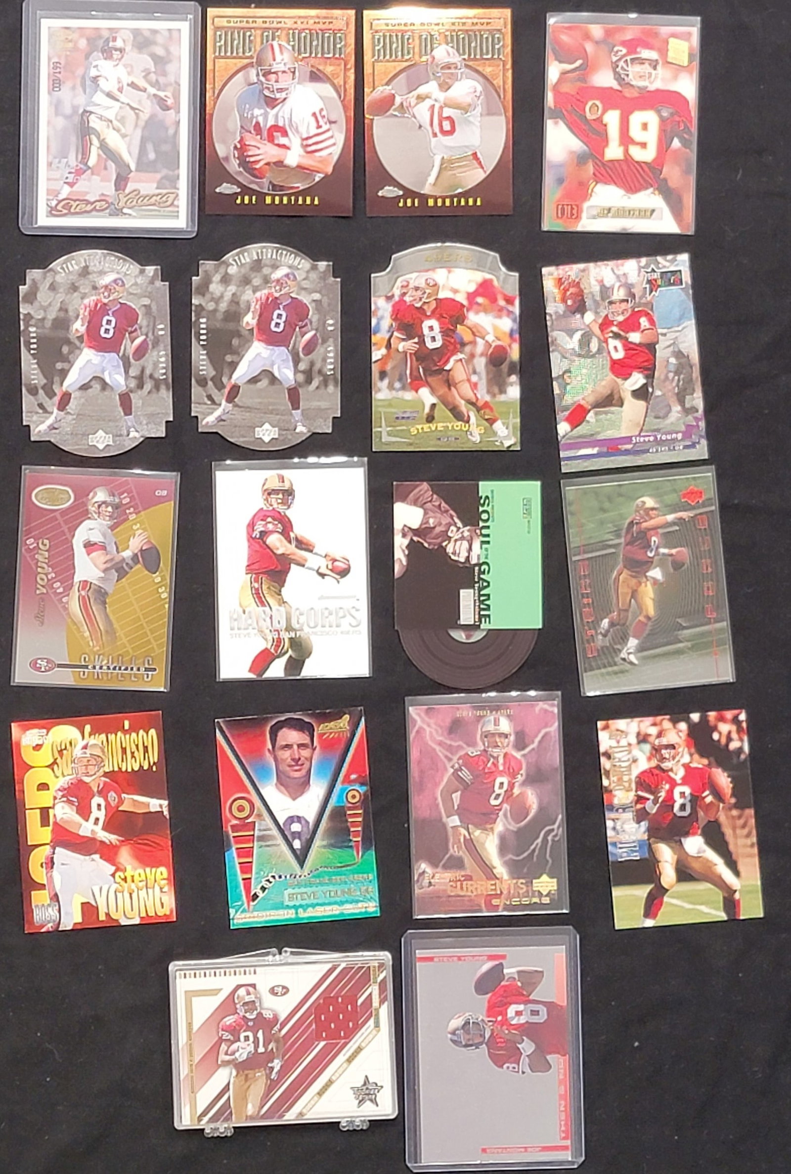 An Assortment of 18 Football Trading Cards and Inserts Featuring Steve Young and Joe Montana (1 of 2)