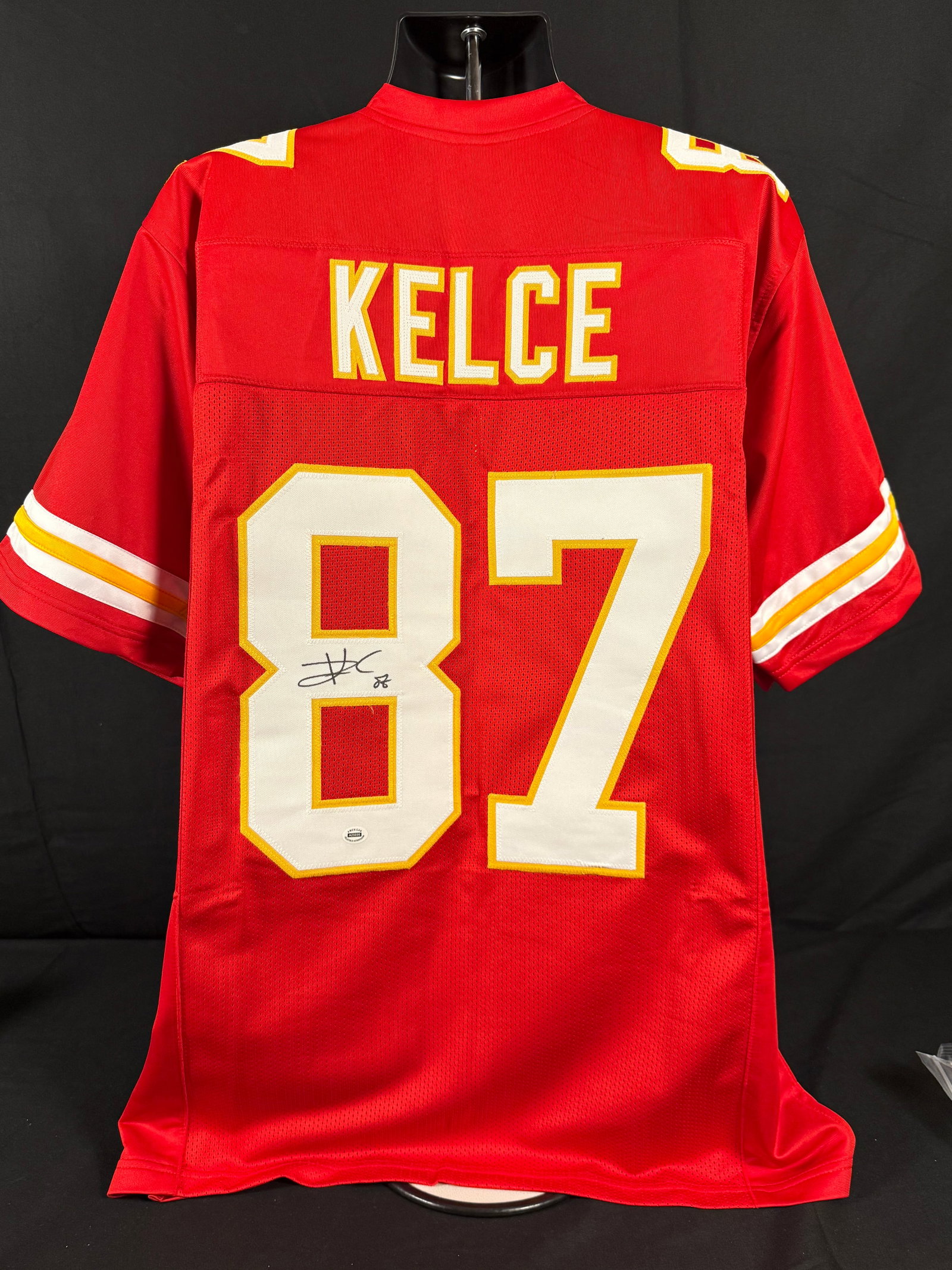 Travis Kelce Signed Red Kansas City Chiefs Jersey: Signed custom red Travis Kelce Kansas City Chiefs jersey with COA